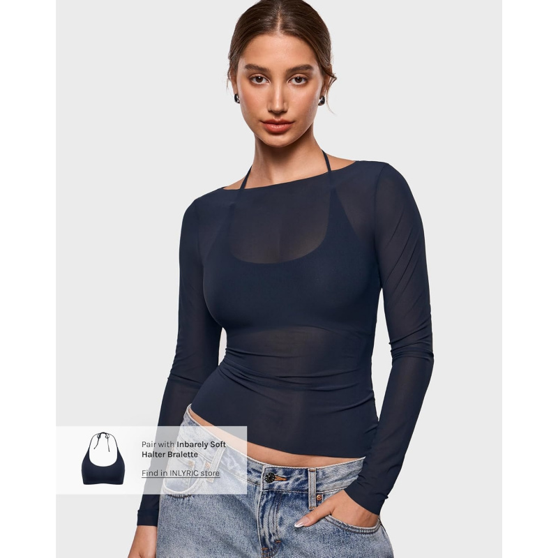 Women's Cosnufy Mesh Sheer Long Sleeve Tops See
