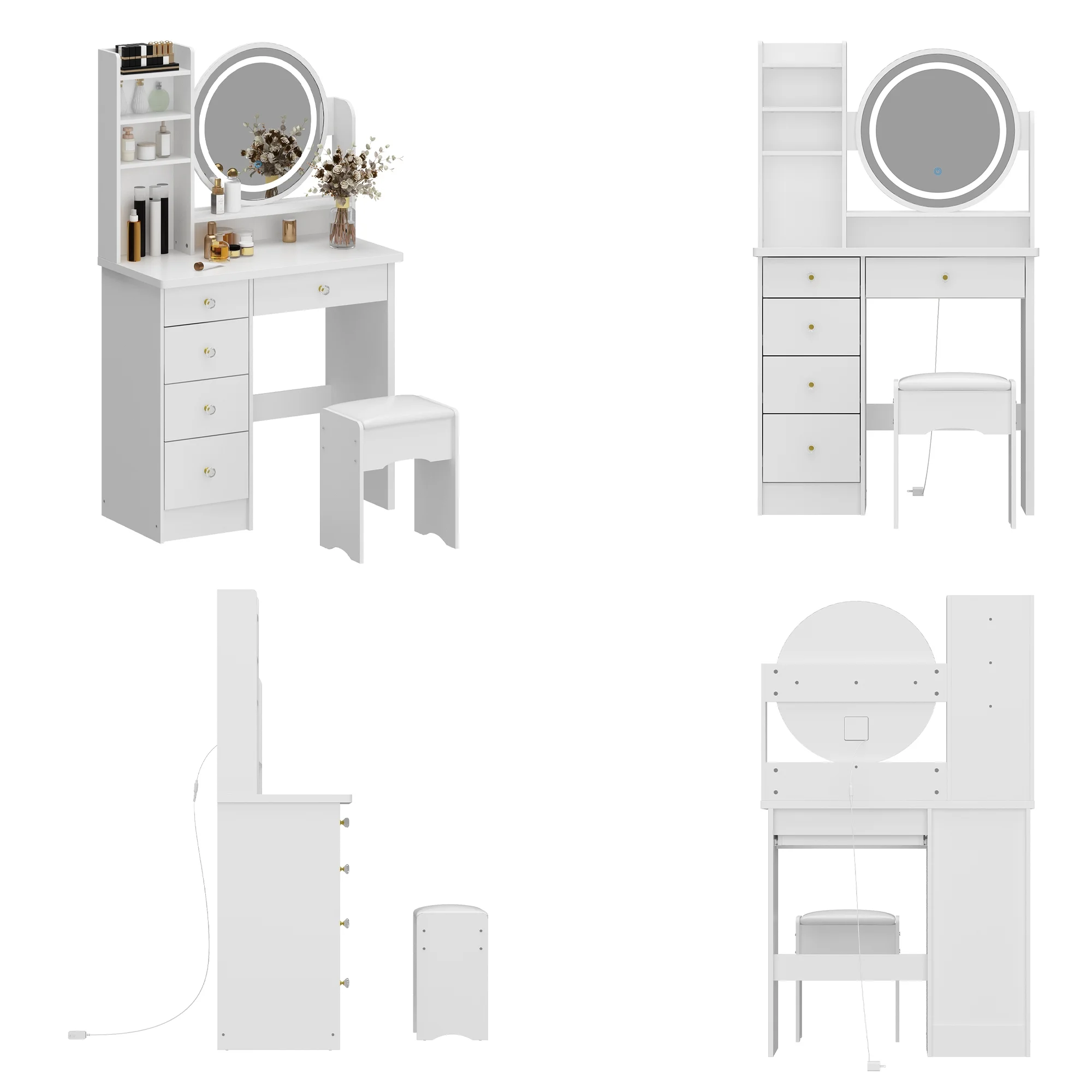 OXYLIFE Makeup Vanity Desk Table with Sliding LED Lighted Mirror, Cushion Stool, 4 Drawers and Shelves, White+Gray