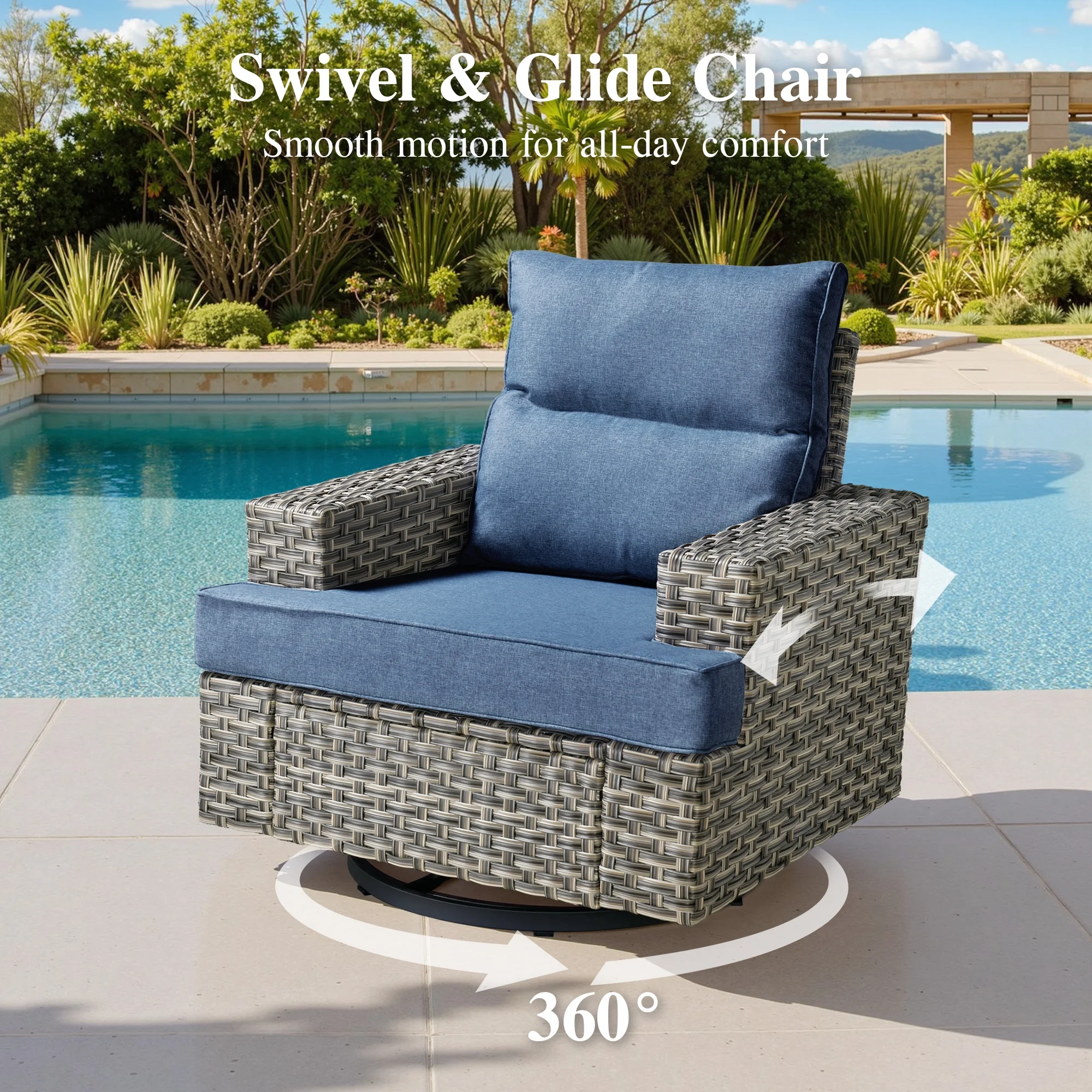 Ovios 10 Pieces Outdoor Patio Furniture Modern High-Back All-Weather Wicker Sectional Conversation Set with Propane Fire Pit Table & Swivel Chair, Dark Gray
