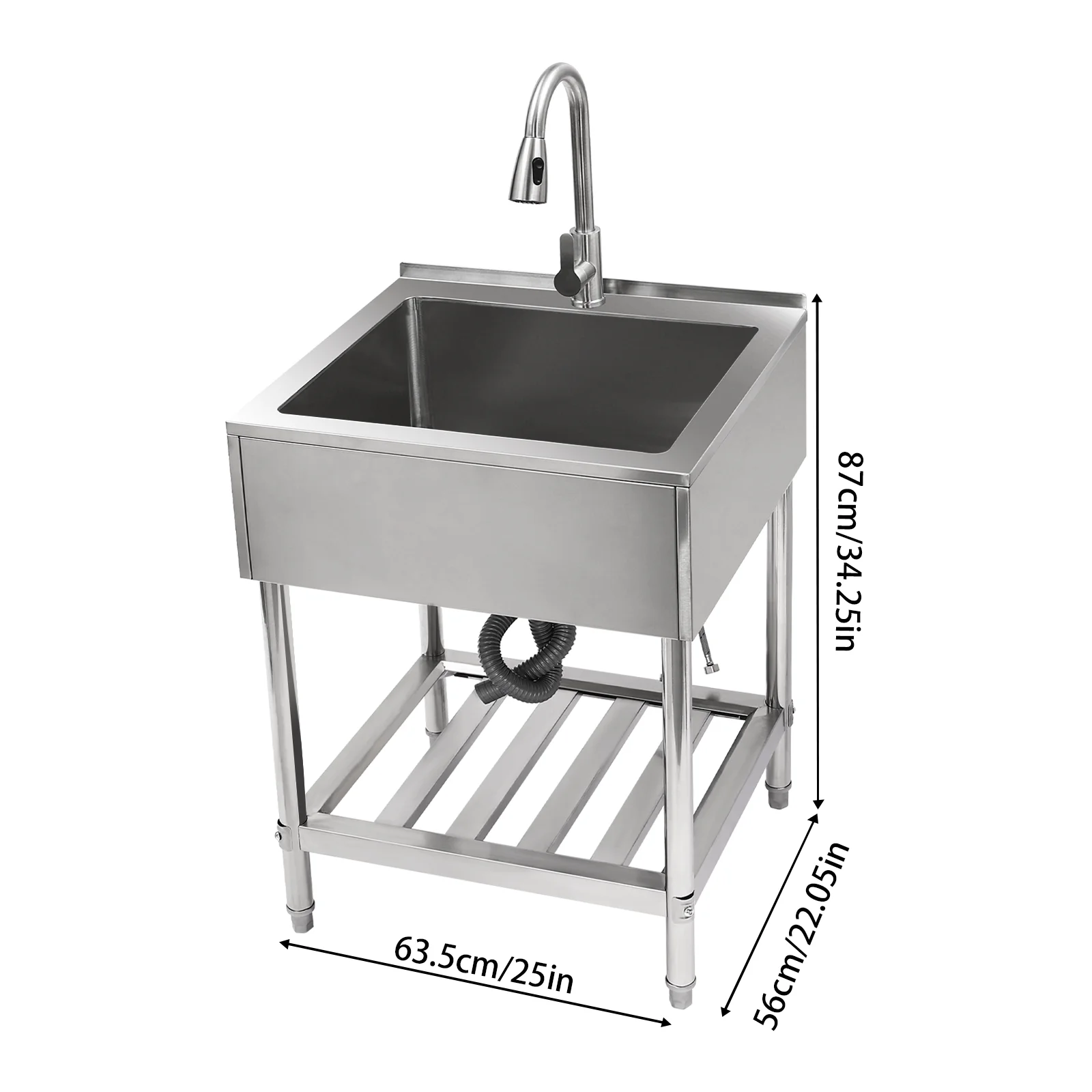 YIYIBYUS Commercial Utility Sink Stainless Steel Freestanding Single Bowl Laundry Sink with Pull-Out 360° Faucet, Adjustable Temperature, 63.5×56×87cm