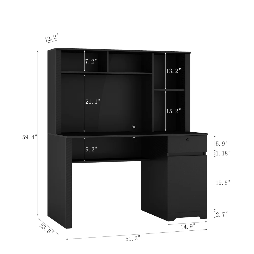 Tcbosik Modern Computer Desk with Charging Station and USB Night Light, Home Office Table with Hutch and Open Shelf, Gaming Workstation with Drawer and Cabinet for Living Room, Study Room, Black