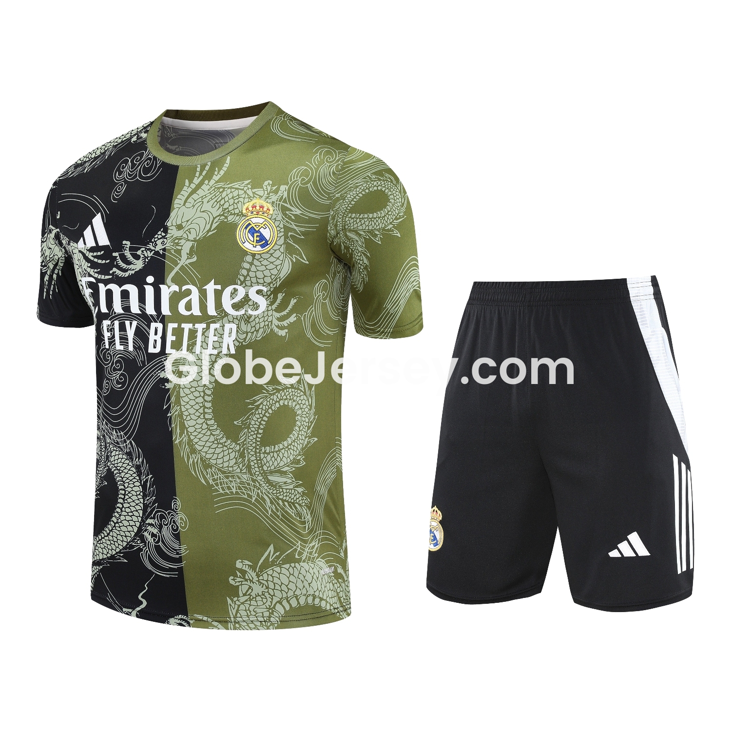 Real Madrid 25-26 Short-Sleeve Training Set - Green-Black Dragon Top & Black-White Shorts