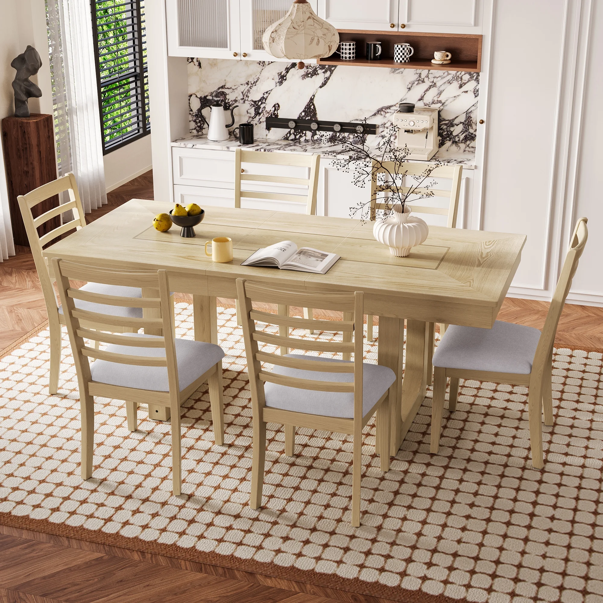 Harper & Bright Designs Farmhouse Extendable Dining Table Set for 6, 7 Pieces Rectangle Dining Table with 6 Upholstered Chairs, Wood Expanding Kitchen Table Set for Dining Room, Brown