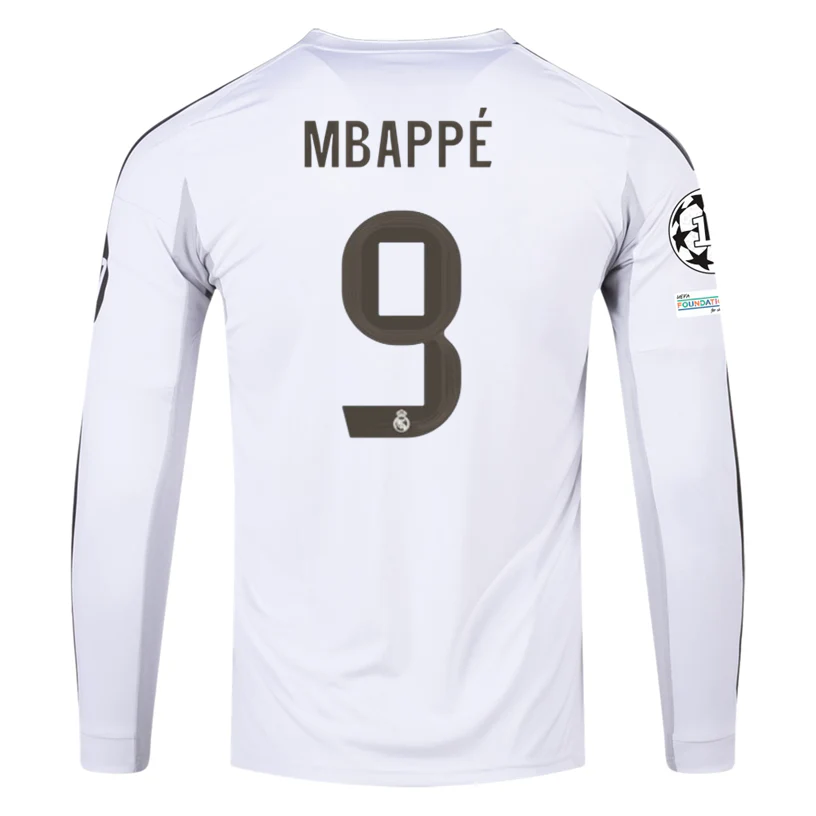 adidas Real Madrid Mbappe Long Sleeve Home Jersey w/ Champions League Patches 25/26 (White)