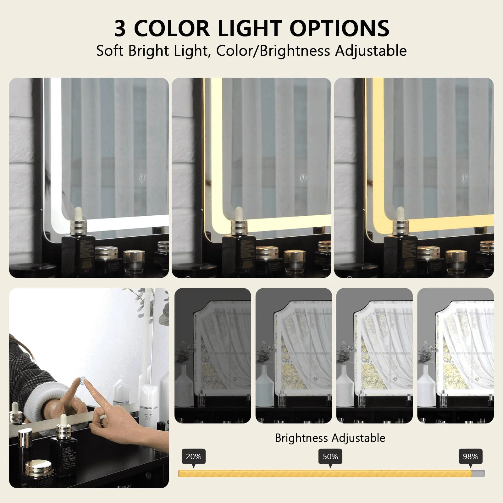 Vanity Desk Makeup with Lights 3 Color Adjustable Brightness Black