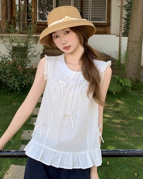 Round neck loose shirt bow sleeveless tops for women