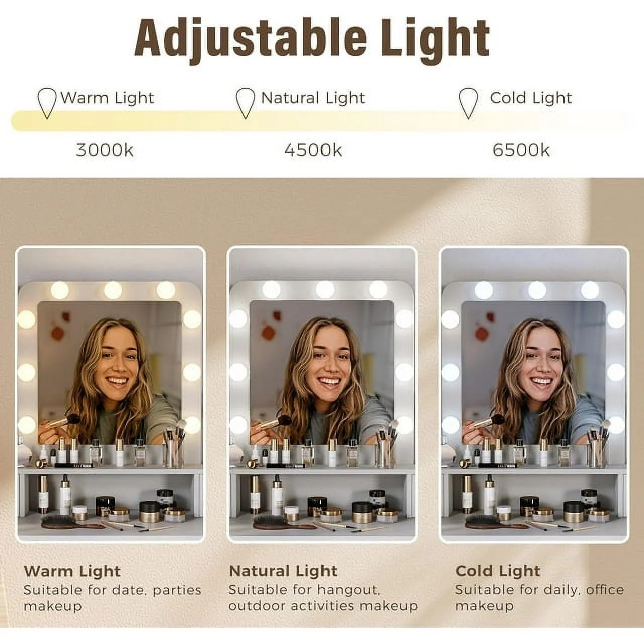 Heynemo Makeup Vanity with 3 Color Dimmable Lighted Hollywood Mirror, Vanity Table with 4 Drawers for Women Girls, Dressing Desk for Bedroom, Beauty Room, Brown