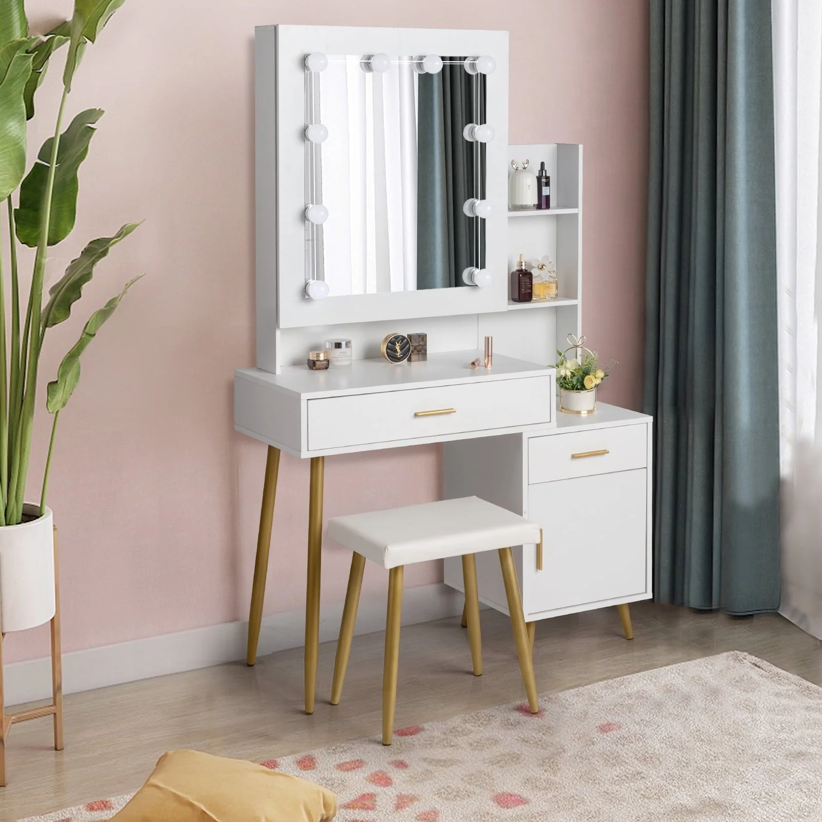 Ktaxon Vanity Table Set with Sliding Mirror, Makeup Table with Storage Cabinet, Dressing Vanity Tables, Dresser Desk for Girls, Women, White