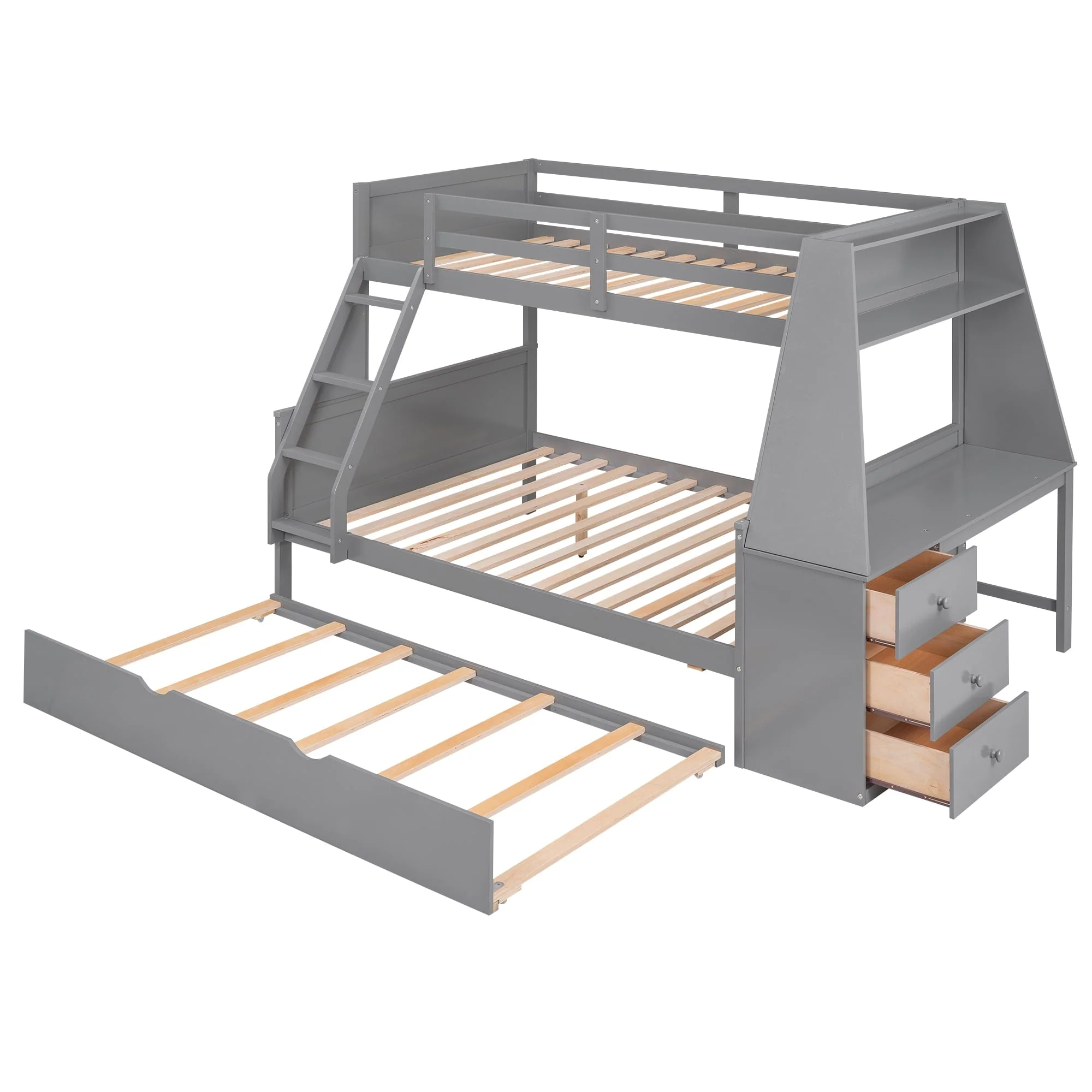 EUROCO Twin over Full Bunk Bed with Trundle, Built-in Desk with Bookcase and 3 Drawers for Kids, Gray
