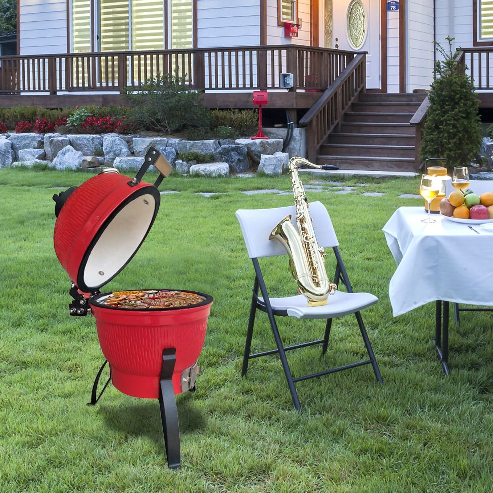 13 Inch Orange Ceramic Charcoal Grill Round Kamado Style BBQ Cooker Portable Outdoor Smoker Barbecue Grill for Patio Garden Backyard Camping Cooking with Vents and Temperature Control Grill Rack