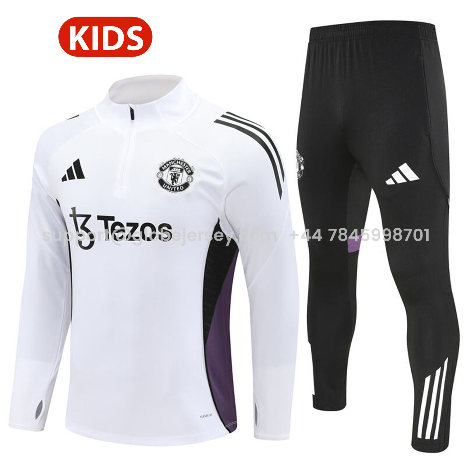 Manchester United 25-26 Kids Long Sleeve Training Set - White Top & Black Pants