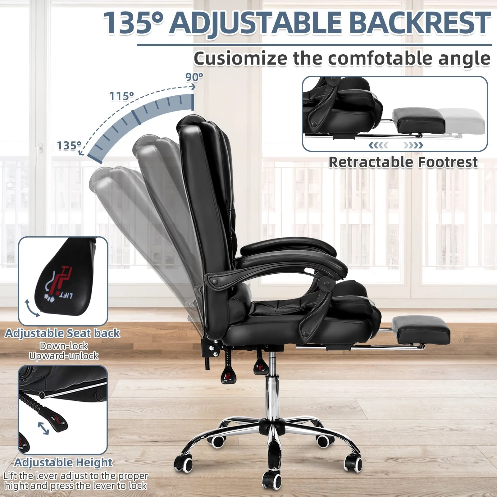 Hoffree Office Chair Ergonomic Computer Desk Chair Big and Tall Executive Leather Chair High Back Adjustable Task Chair with Wheels Lumbar Back Support Footrest for Home Office Black