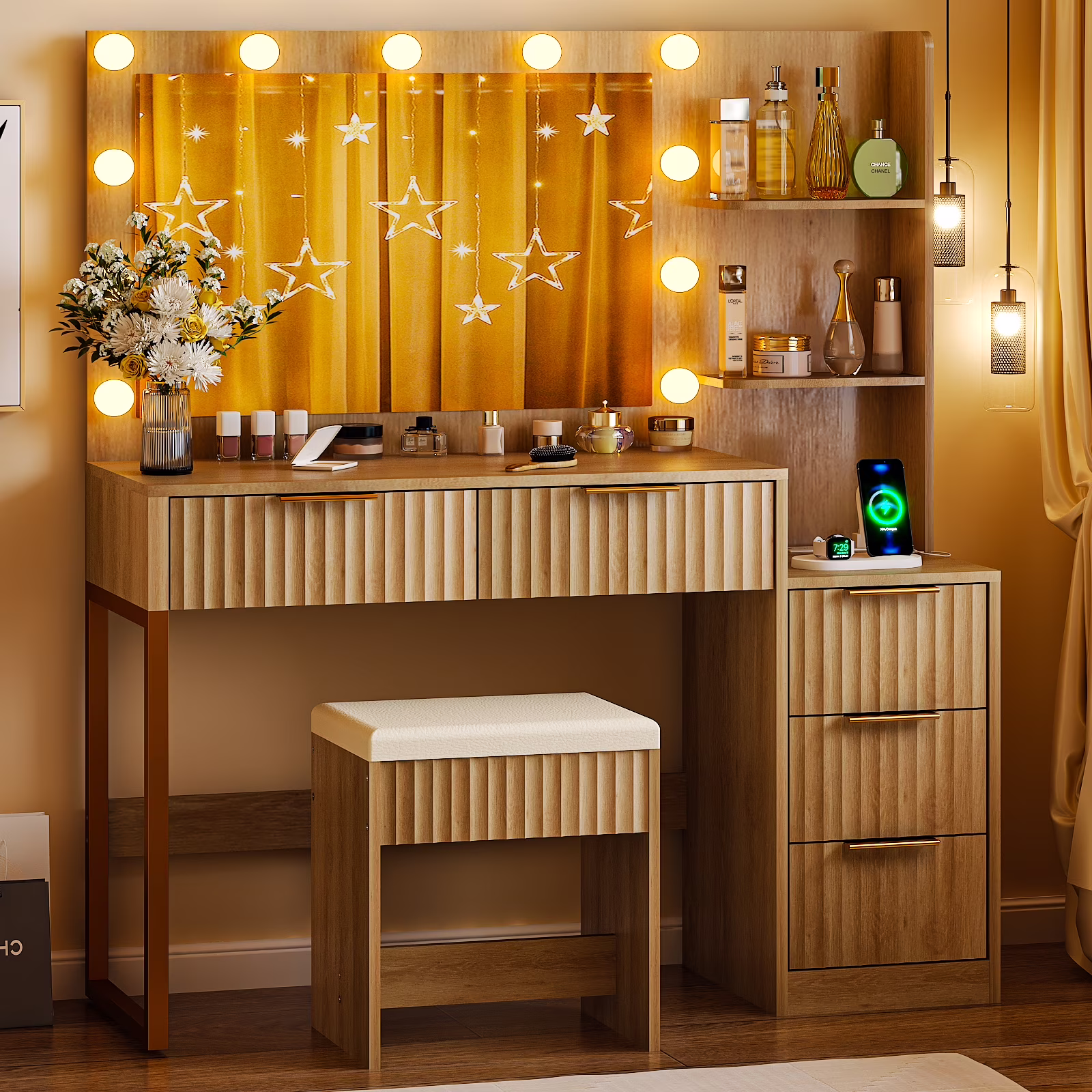 Ktaxon Flutted Makeup Vanity Table Set with 5 Drawer, Dressing Table w/Charging Station, Vanity Desk for Femal Gift, White