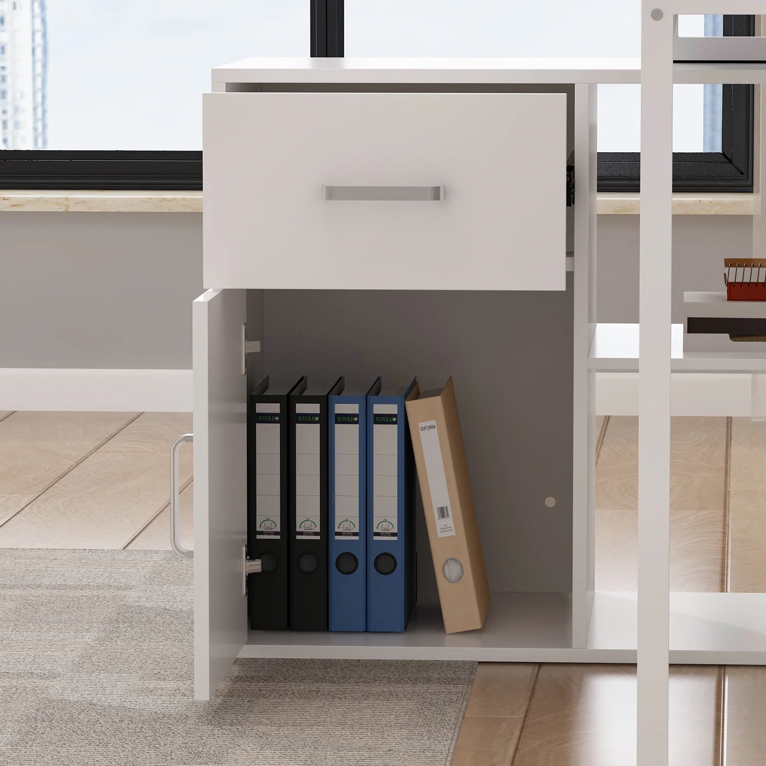 OXYLIFE 55 Inch Reversible Home Office Desk, Wood L-Shaped Corner Desk, Writing Workstation with Drawer, Shelves and File Cabinet, White