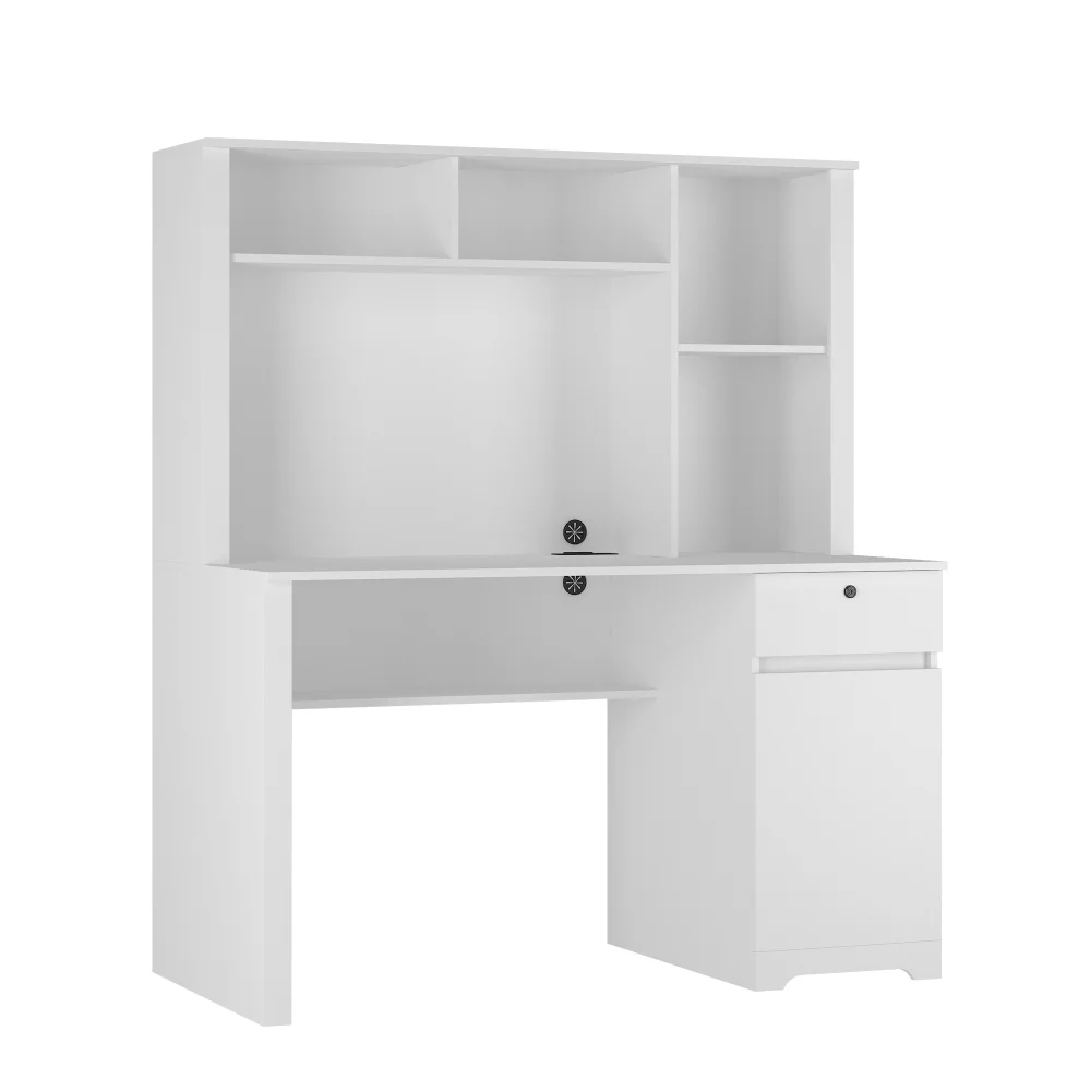 Tcbosik Modern Computer Desk with Charging Station and USB Night Light, Home Office Table with Hutch and Open Shelf, Gaming Workstation with Drawer and Cabinet for Living Room, Study Room, Black