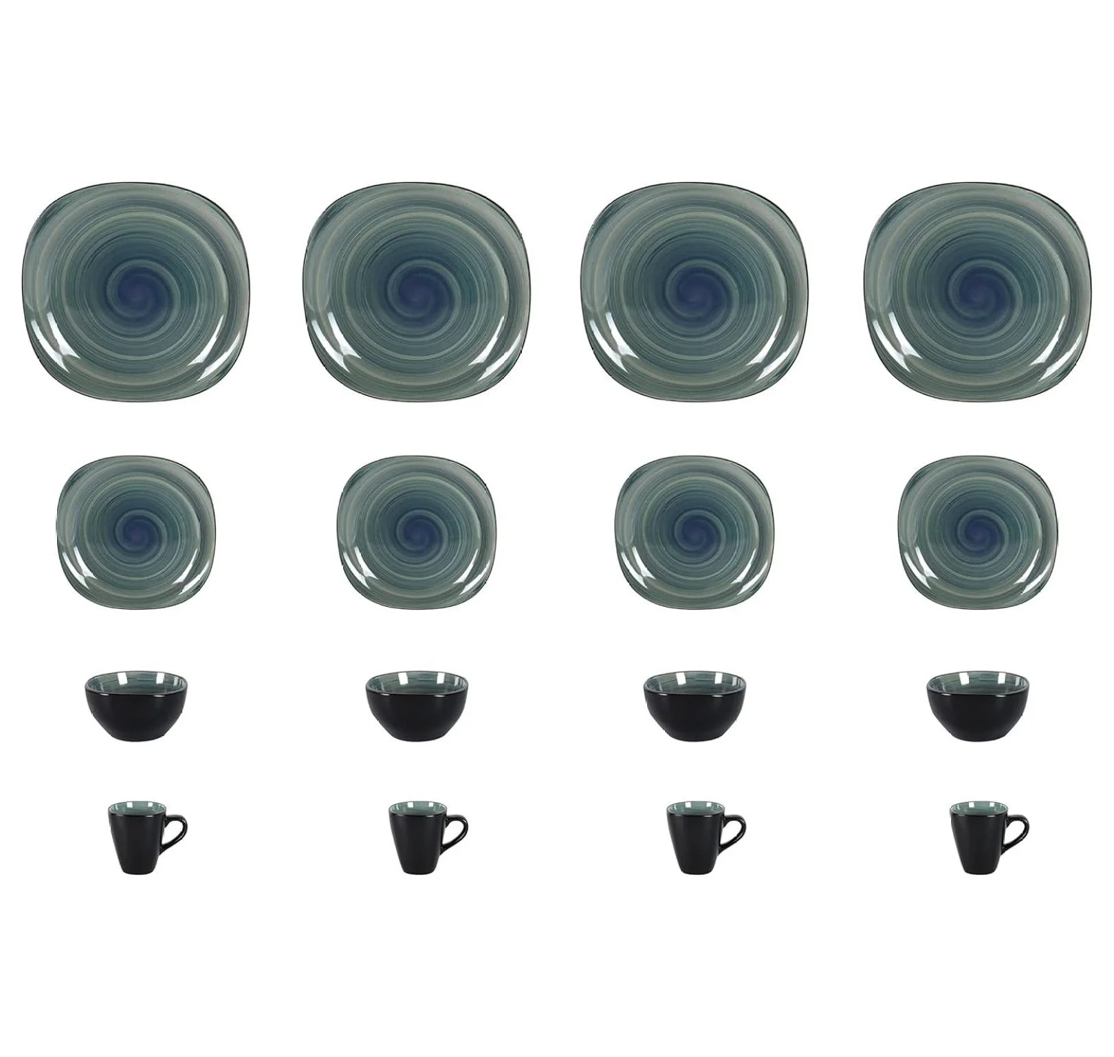 Stoneware Square 16pc Dinnerware Set, Inside Spinwash Swirl Orange + Outside Black