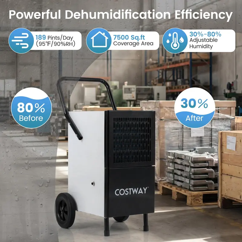 189-Pint Industrial Dehumidifier Featuring Drain Pump. 3.3-Foot Hose & Casters