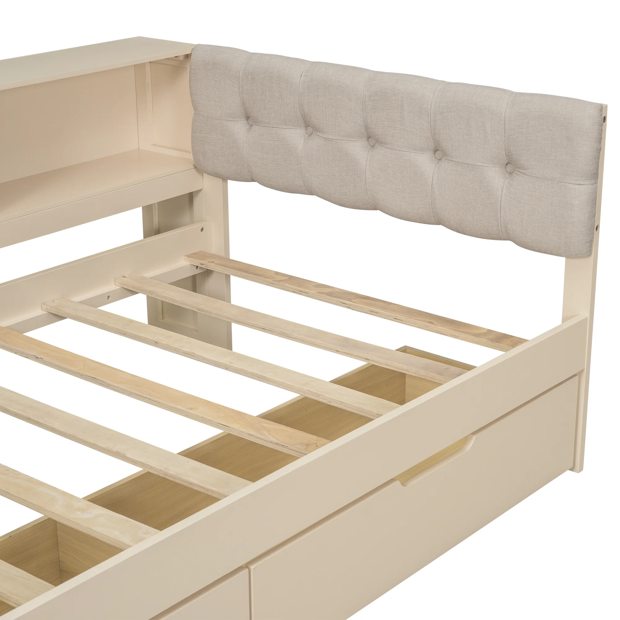 Euroco Wood Twin Size Platform Bed with Desk and Shelves, Drawers and USB Charging for Kids, Cream