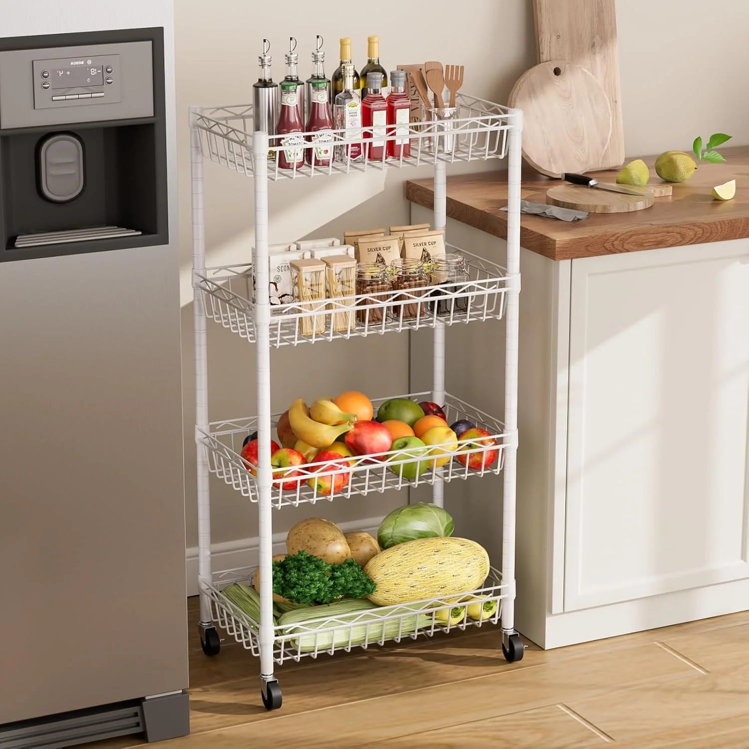 6 Tier Wire Shelving Unit with Wheels Baskets Storage Rack Corner Shelves Adjustable Shelf Closet Bathroom Organizers Metal Pantry Kitchen Garage Laundry Room 13.5