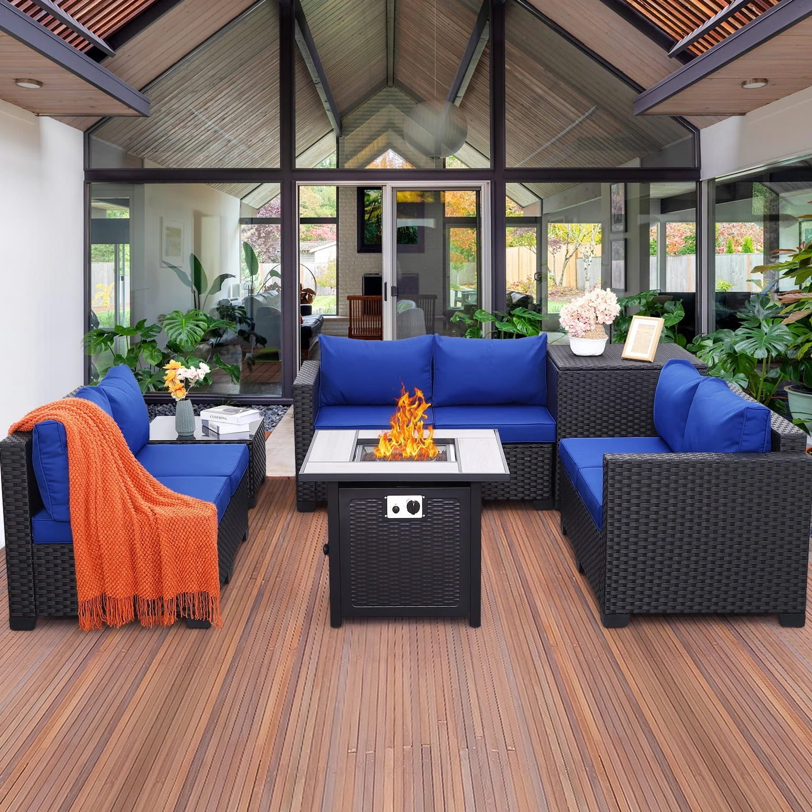 Waroom Patio Furniture Set 7-Piece 50000 BTU Propane Gas Fire Pit Outdoor Wicker Furniture Set Square Steel Pit Table with Storage Box and Glass Coffee Table, Royal Blue