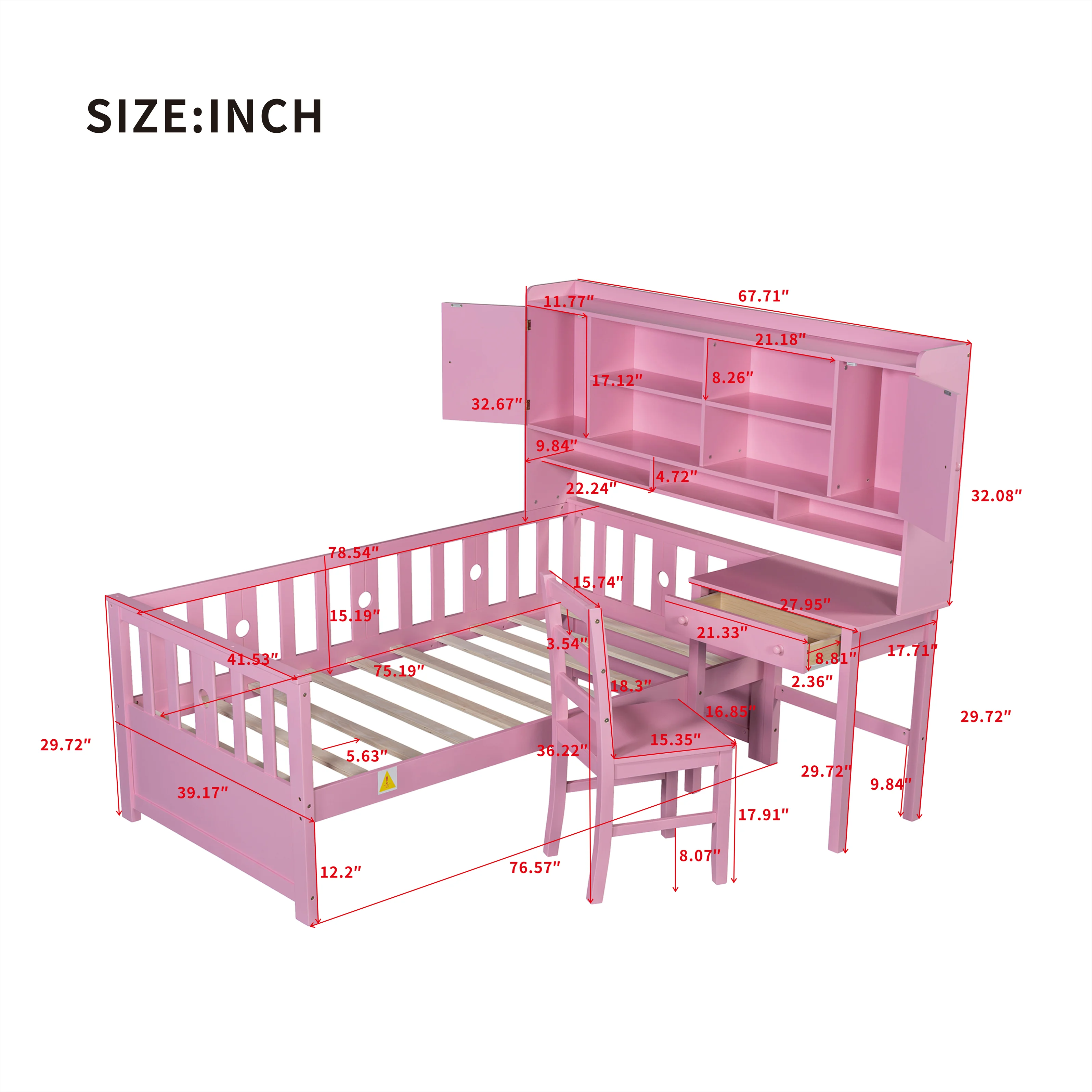 Euroco Wood Twin Size Platform Bed with Desk and Shelves, Table and Chair Set for Kids, Natural