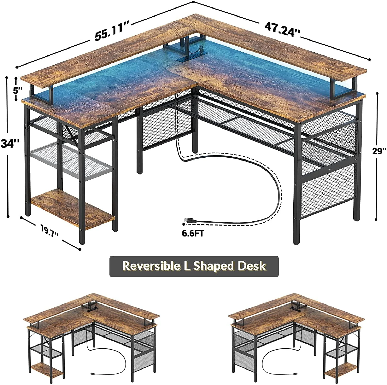 Homieasy L Shaped Desk with Power Outlets and LED Light, 55 inch Reversible L-Shaped Gaming Desk with Monitor Stand, Ergonomic Corner Computer Desk with Storage Shelf for Home Office, Rustic Brown