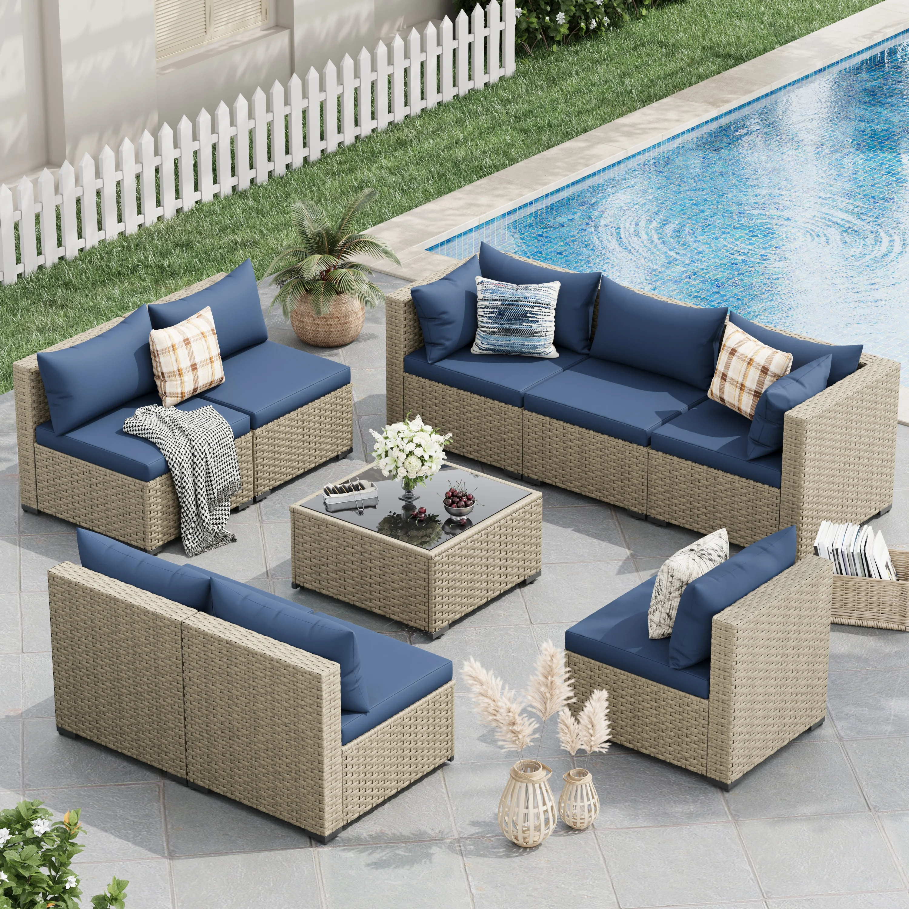 POTEBAN 7 Pieces Outdoor Patio Furniture Set, Grey Rattan Wicker Outdoor Conversation Sectional Sofa Set with Cushions for Backyard, Green