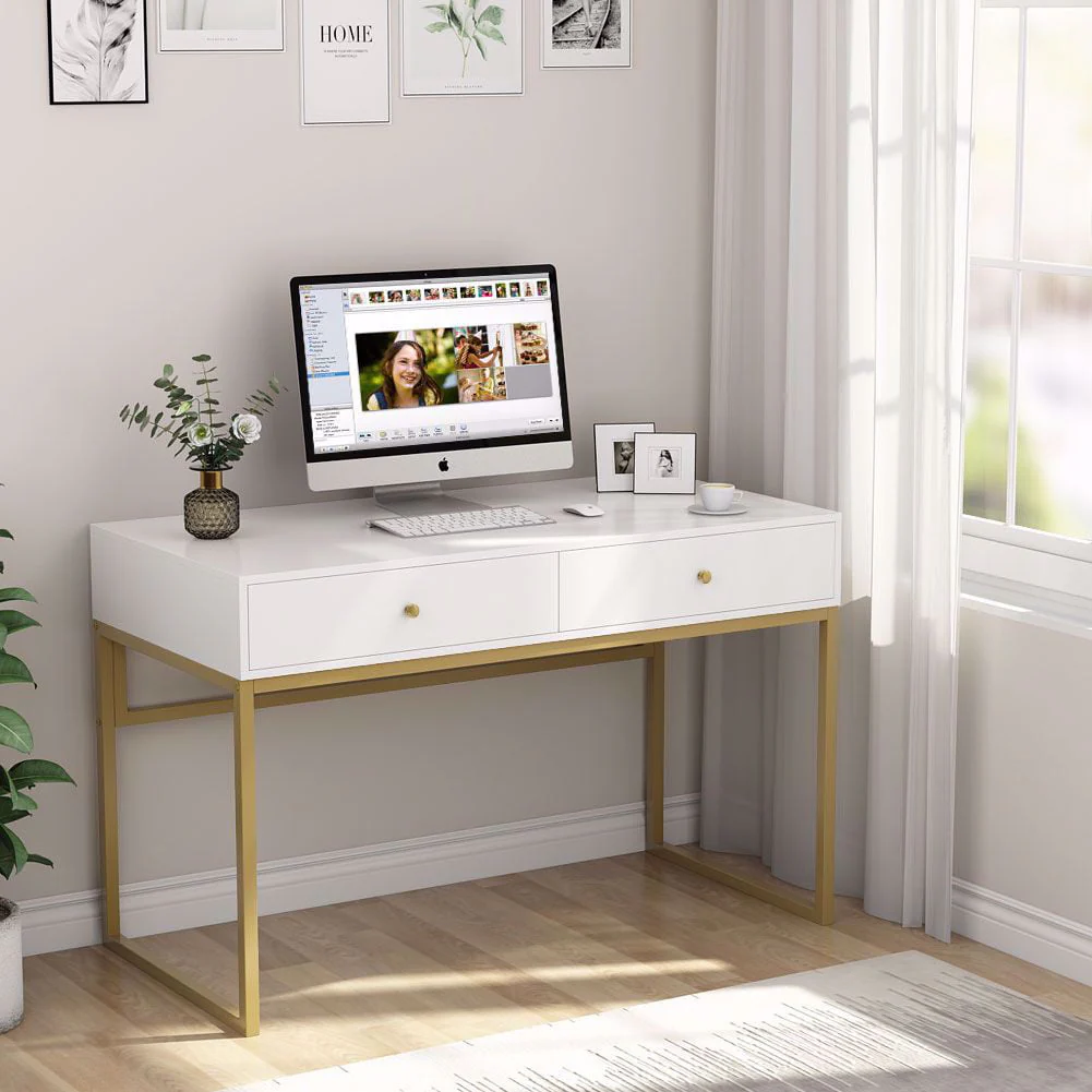 TribeSigns Computer Desk, Modern Simple 47 inch Home Office Desk Study Table Writing Desk with 2 Storage Drawers, Makeup Vanity Console Table, White and Gold