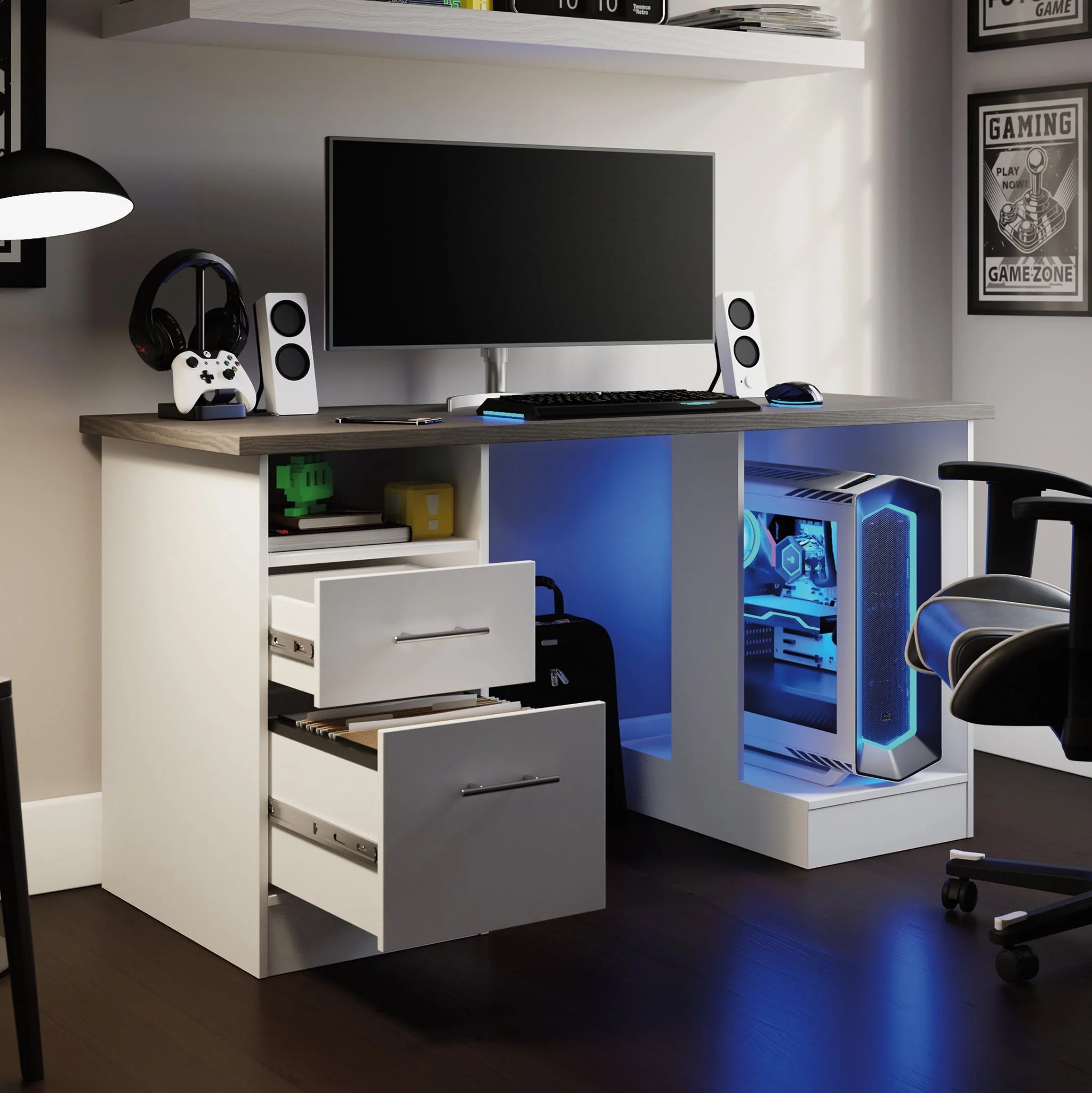 Sauder Gaming Desk with Charcoal Ash Accent Top, White Finish