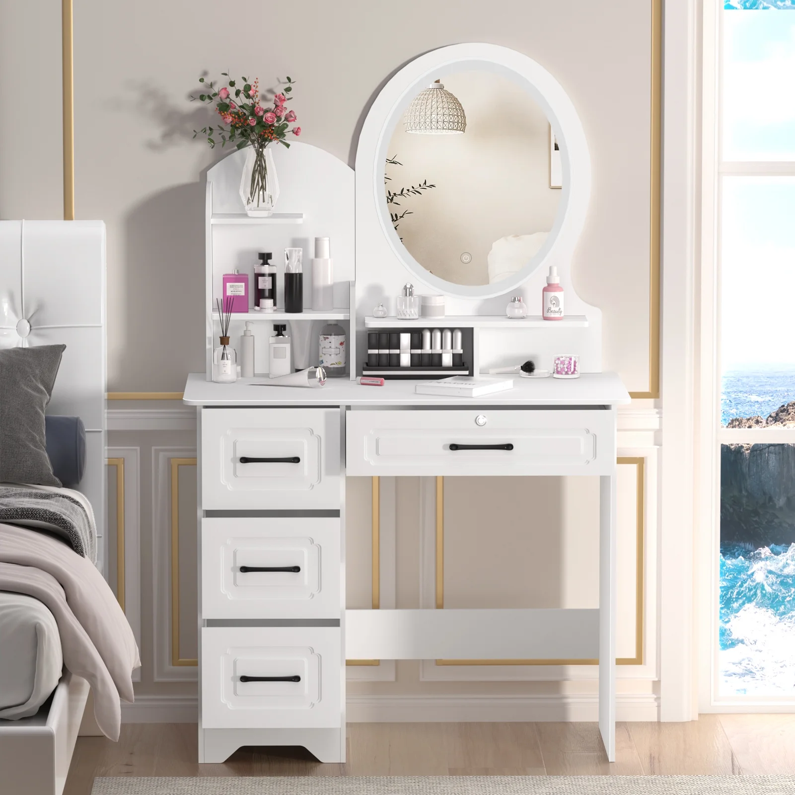 Anvazise Makeup Desk with Mirror, Large Vanity Desk with Storage Shelves, 4 Drawers, Makeup Vanity Table with Light, Bedroom Dressing Table