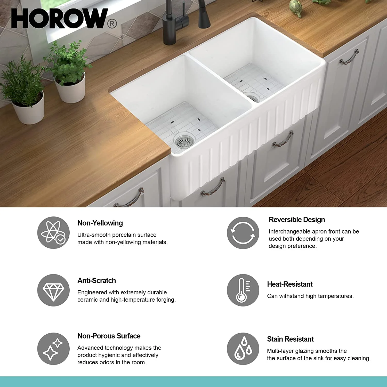HOROW 33x18 inch Fireclay Kitchen Sink Undermount Double Bowl Apron-front Ceramic with Bottom Grid and Strainer