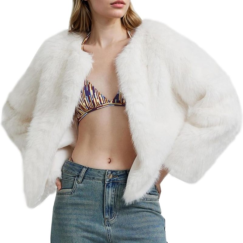 Women Faux Fur Coat Fluffy Long Sleeve Open Front