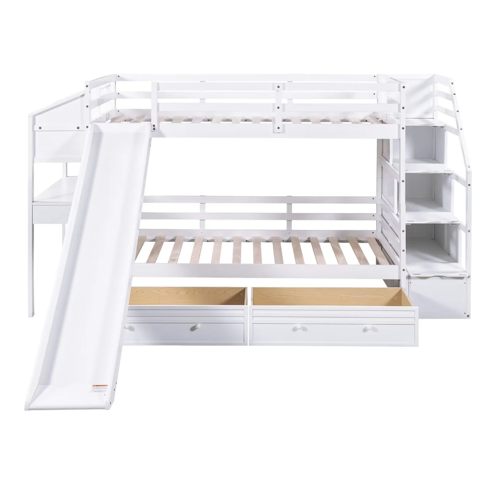 Twin over Twin Bunk Bed Frame with Storage Staircase, Slide and Drawers, Desk with Drawers and Shelves, Multifunctional Wooden Platform Bed with Safety Guardrails, White