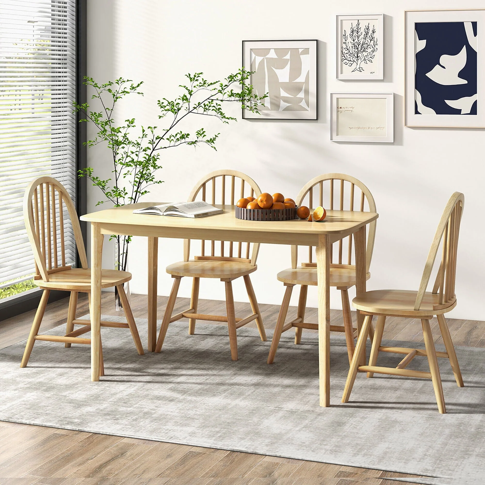 Gymax 5 PCS Wooden Dining Table Set 48'' Rectangular Kitchen Table & 4 Windsor Chairs