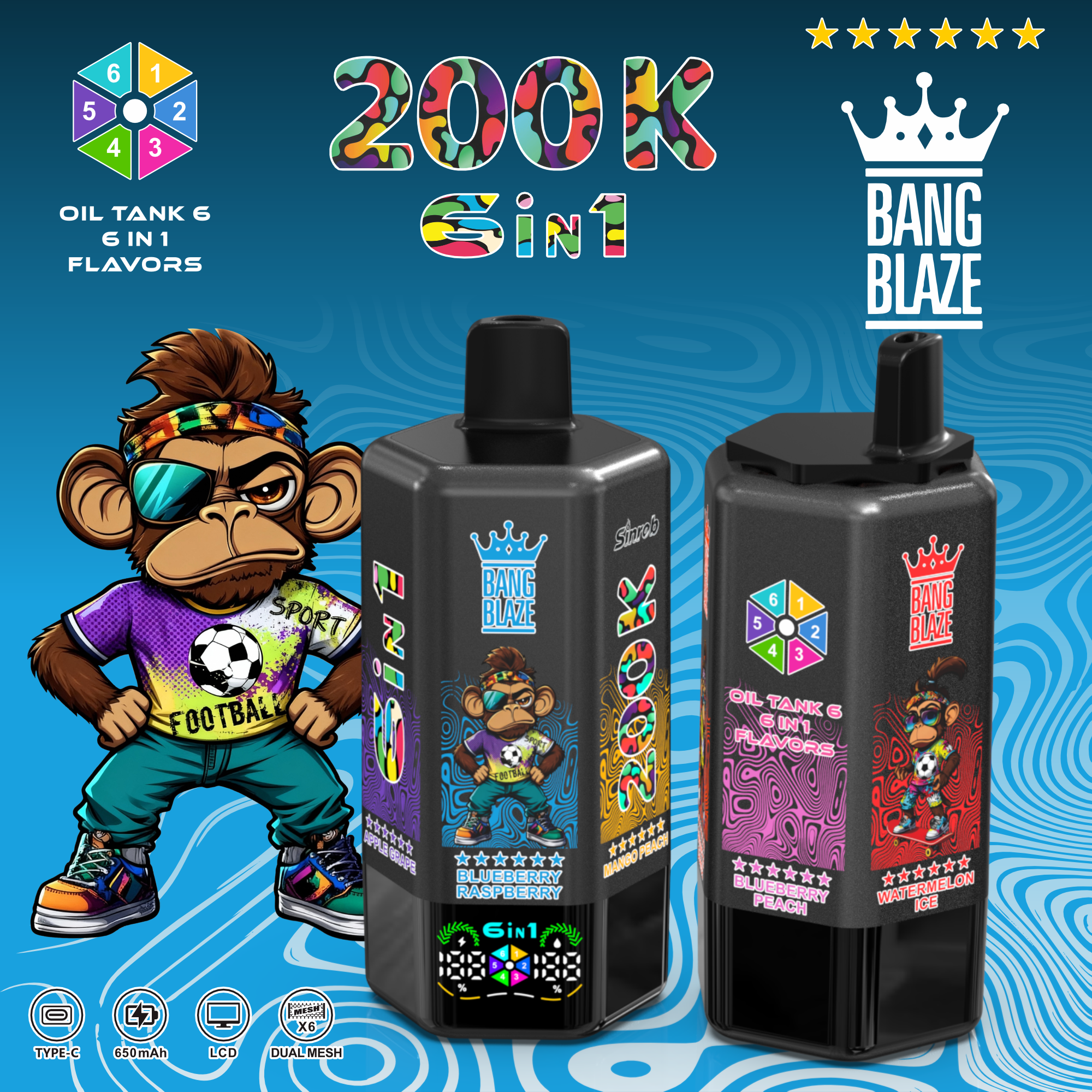 BANG Blaze 200 000 potiahnutí (6v1) | Jednorazová e-cigareta s LCD displejom