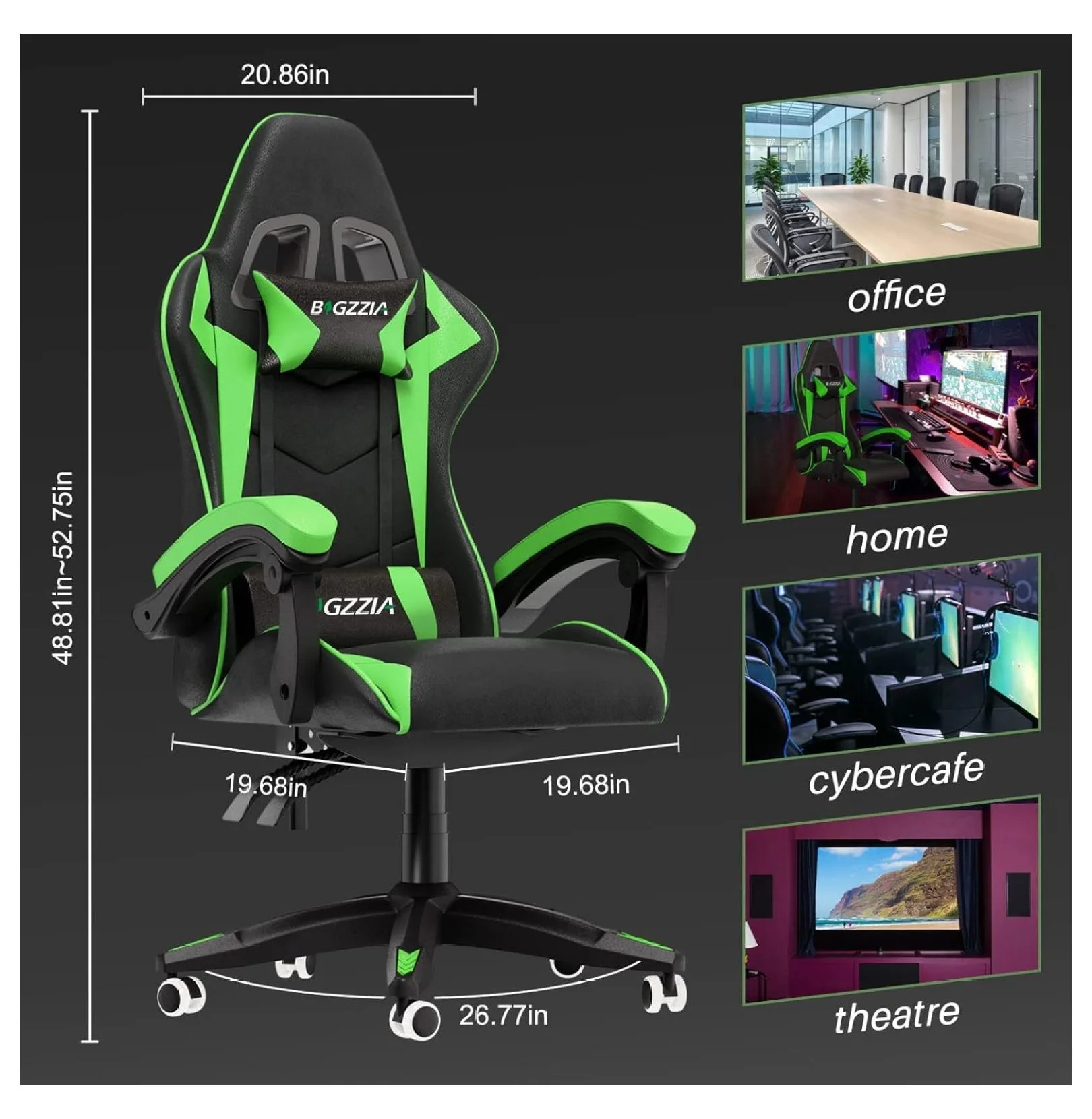 Gaming Chair Office Chair, Reclining High Back PU Leather Computer Desk Chair with Headrest and Lumbar Support, Adjustable Swivel Rolling Video Game Chairs Ergonomic Racing Chair, Green