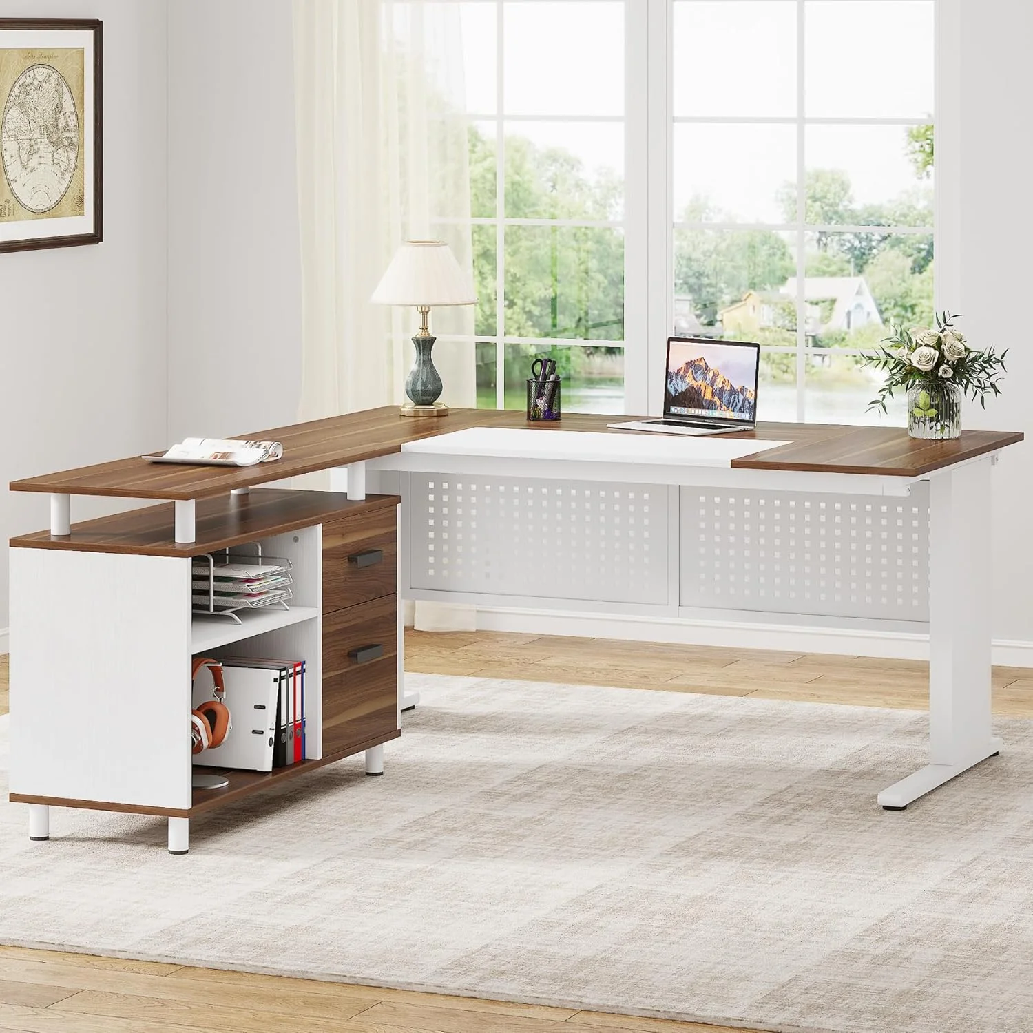 Tribesigns 63 Inch Executive Desk with File Cabinet, Large Office Desk L Shaped Computer Desk with Drawers and Storage Shelves, Business Furniture Desk Workstation for Home Office, Brown and Black