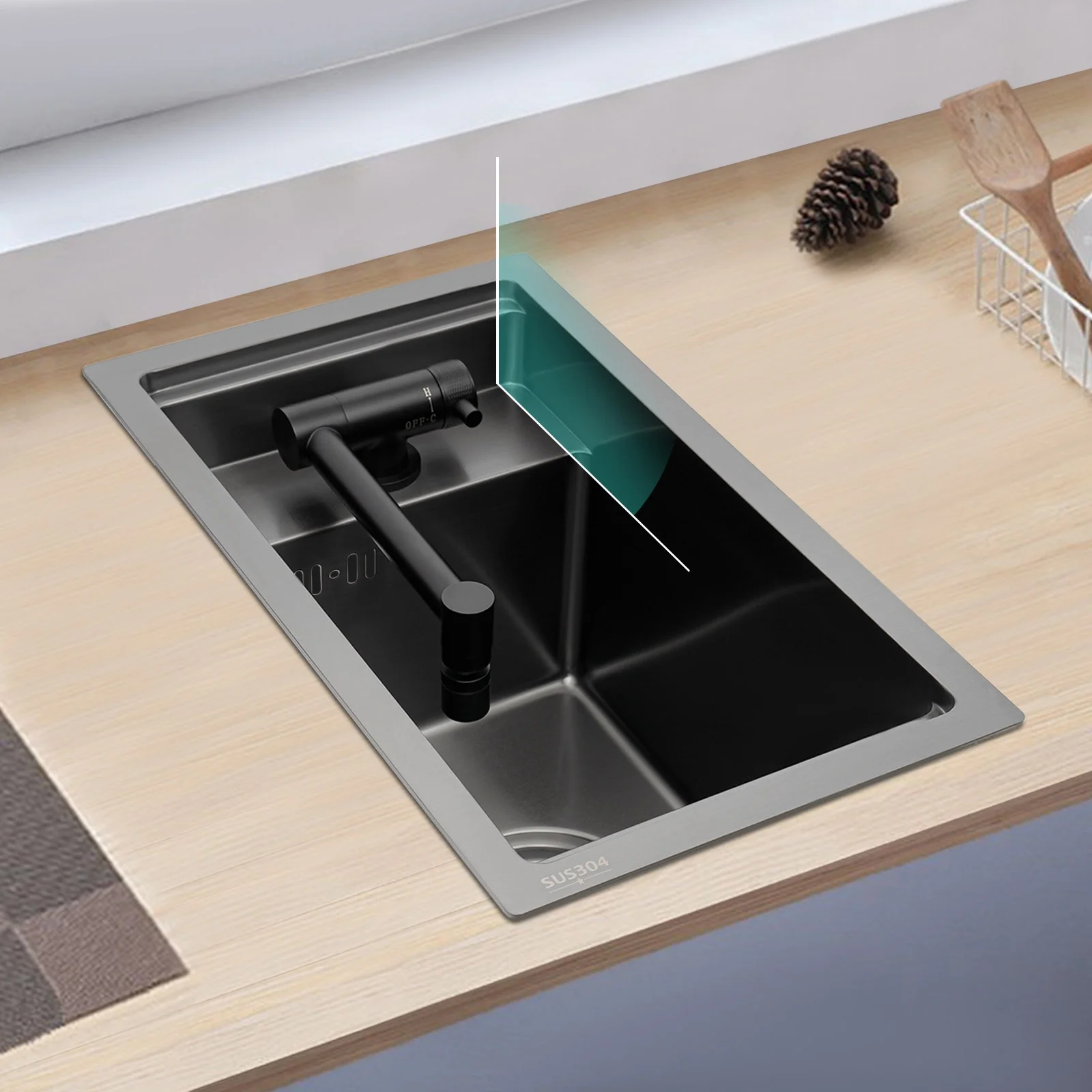 Modern Drop in Bar Sink, Single Bowl Kitchen Sink with Foldable Faucet, Black Nano 304 Stainless Steel Utility Sink for Compact Kitchen Commercial Hotel RV Laundry