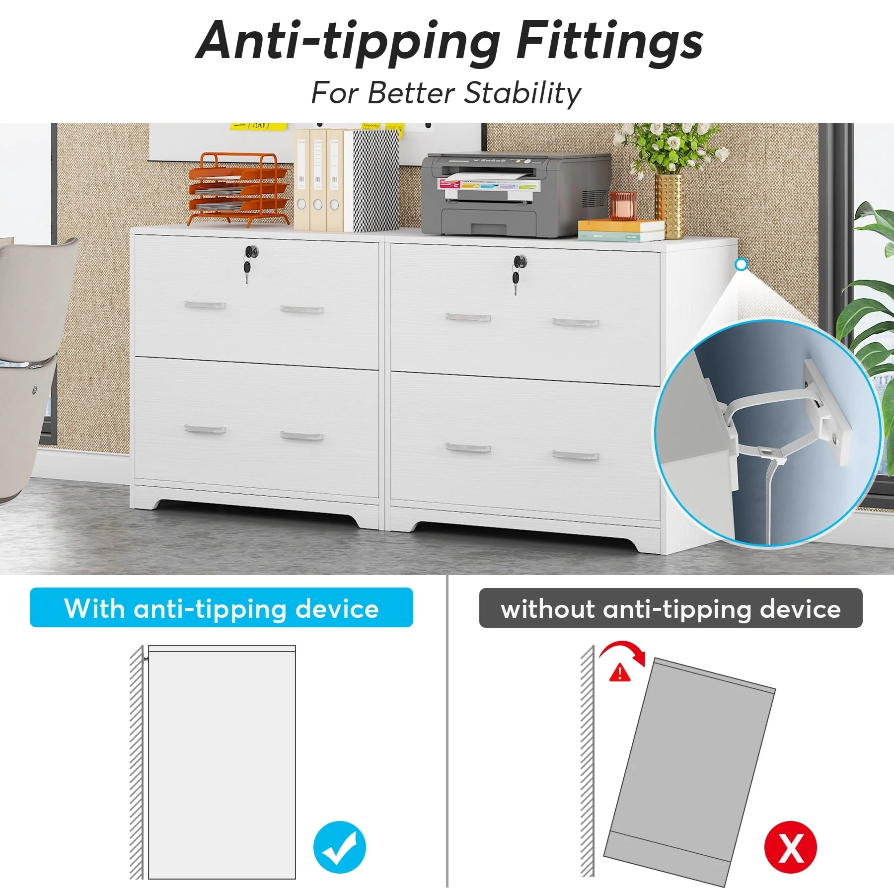 Tribesigns 2-Drawer Lateral File Cabinet for Hanging Letter/Legal/F4/A4 Size Files, White Wood Filing Cabinet with Lock