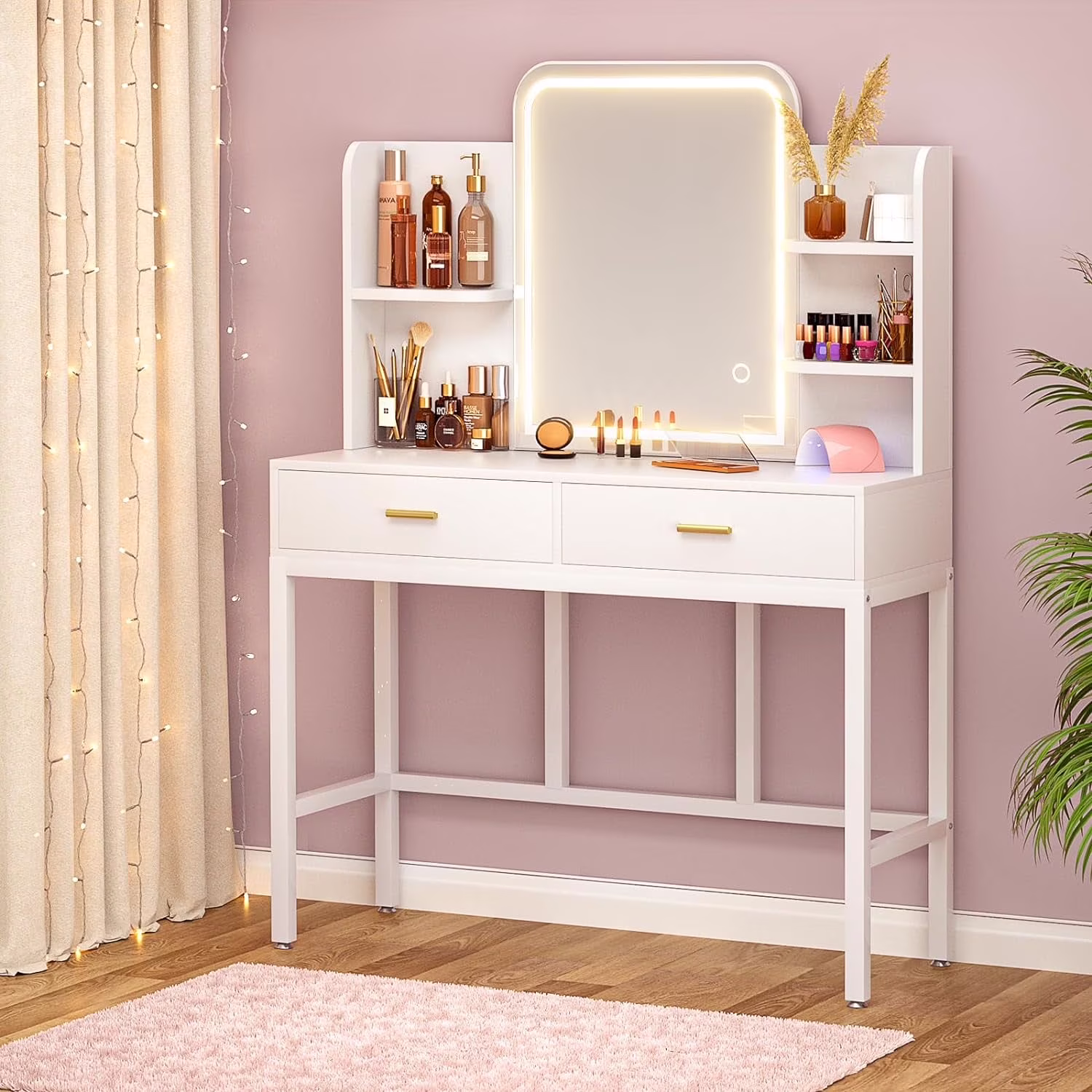 iSunirm Vanity Desk with Mirror and Lights, Makeup Vanity with 2 Drawers, Vanity Table Set with 3 Color Adjustable Lighting Options, Modern Dressing Table with Shelf, for Bedroom, Pink