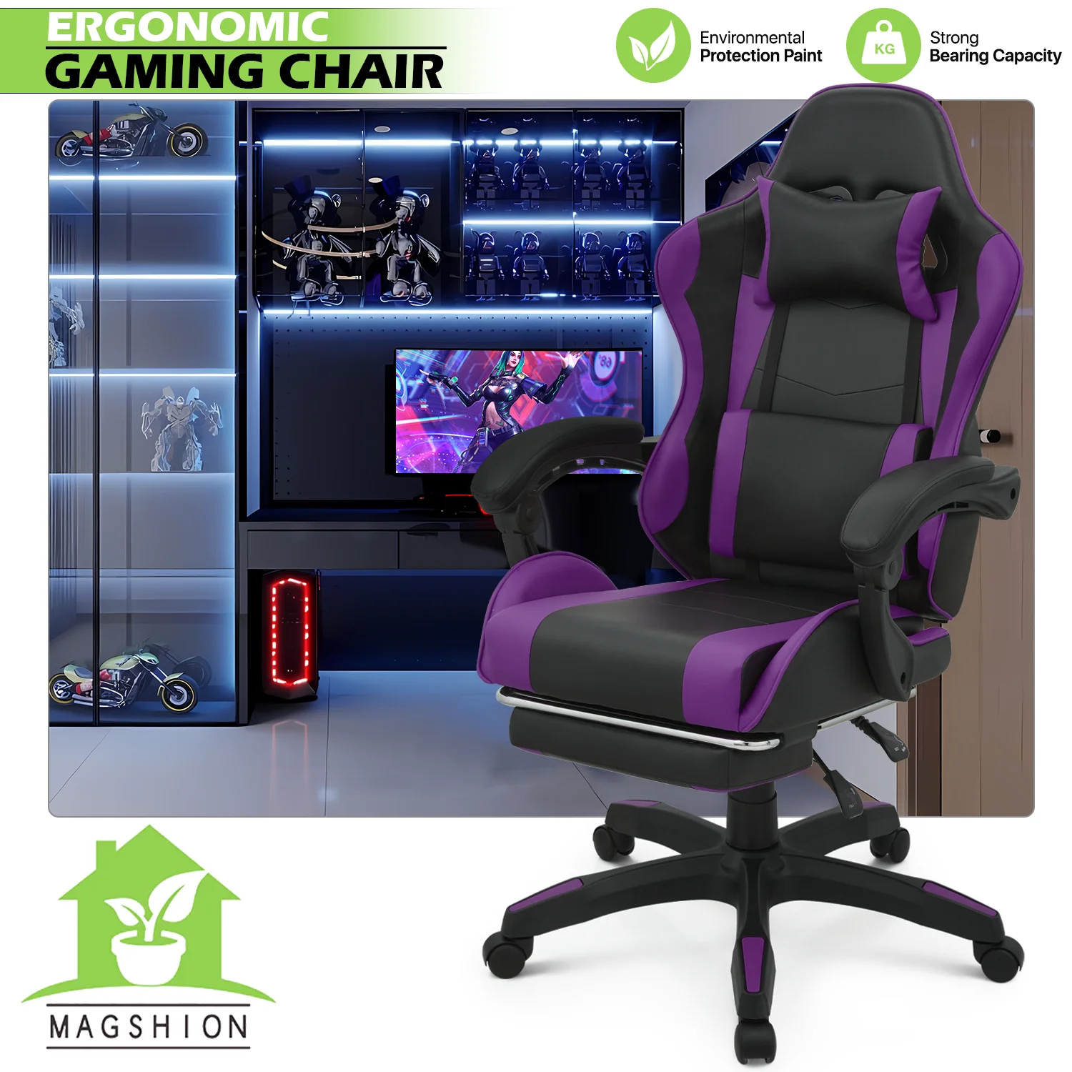 Magshion Adjustable Gaming Chair, Ergonomic PC Computer Seat with Headrest and Lumbar Support for Adults Teens Desk Chair, Black