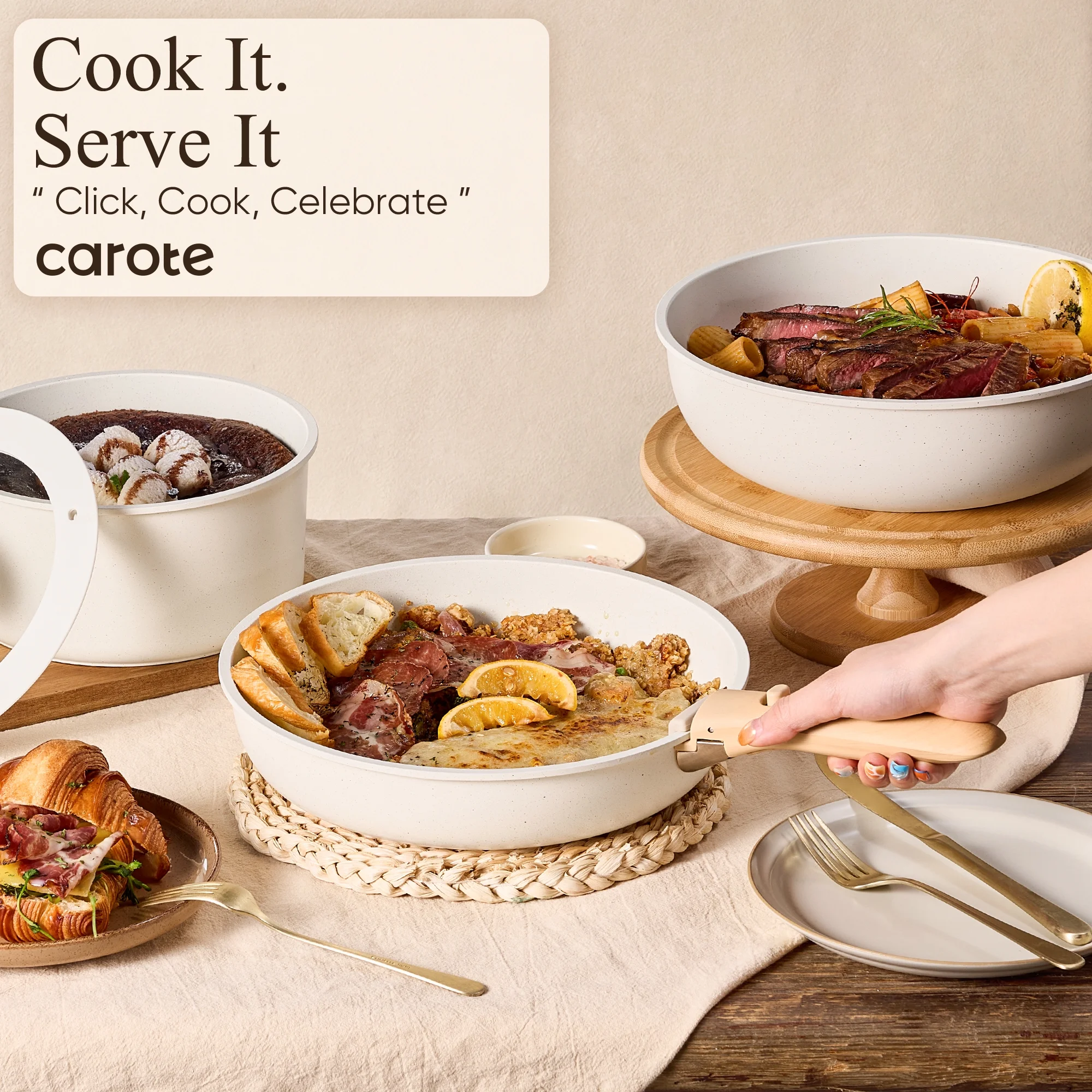 Carote 21 Pcs Nonstick Cookware Set, Pots and Pans Set with Detachable Handles, Oven/Dishwasher Safe, Stackable Kitchen Cooking Set, White Granite.