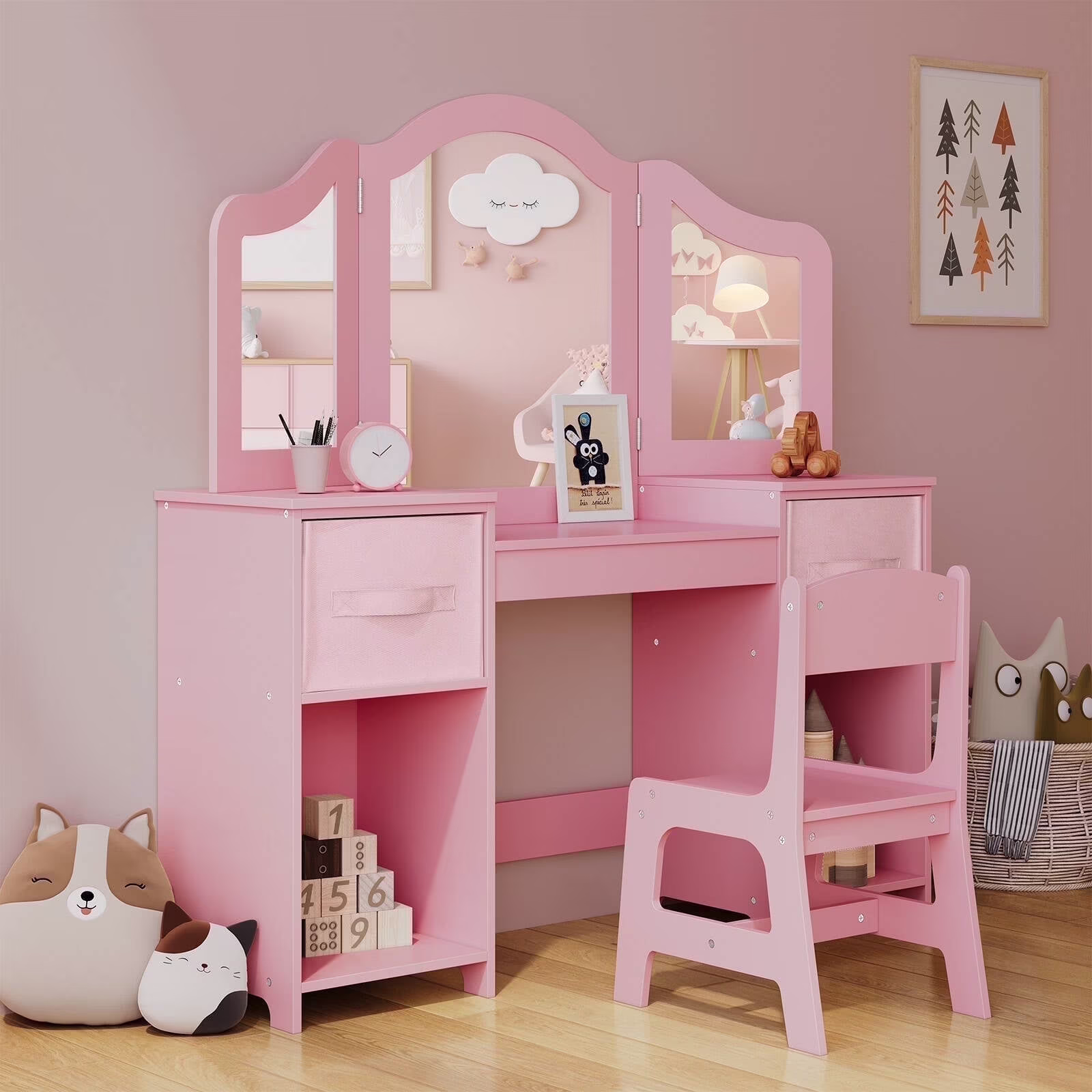 Arlopu Kids Vanity Set with Stool, Wooden Makeup Vanity Desk Children Dressing Table with Chair, Tri-Folding Mirror, Storage Cabinet & Drawers