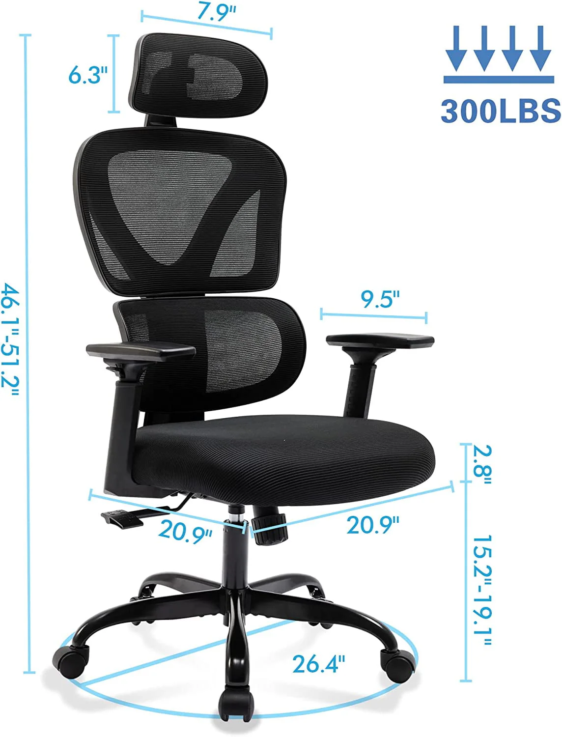 AMZFUN Office Chair, Ergonomic Desk Chair with Lumbar Support, High Back Mesh Computer Chair (Black)
