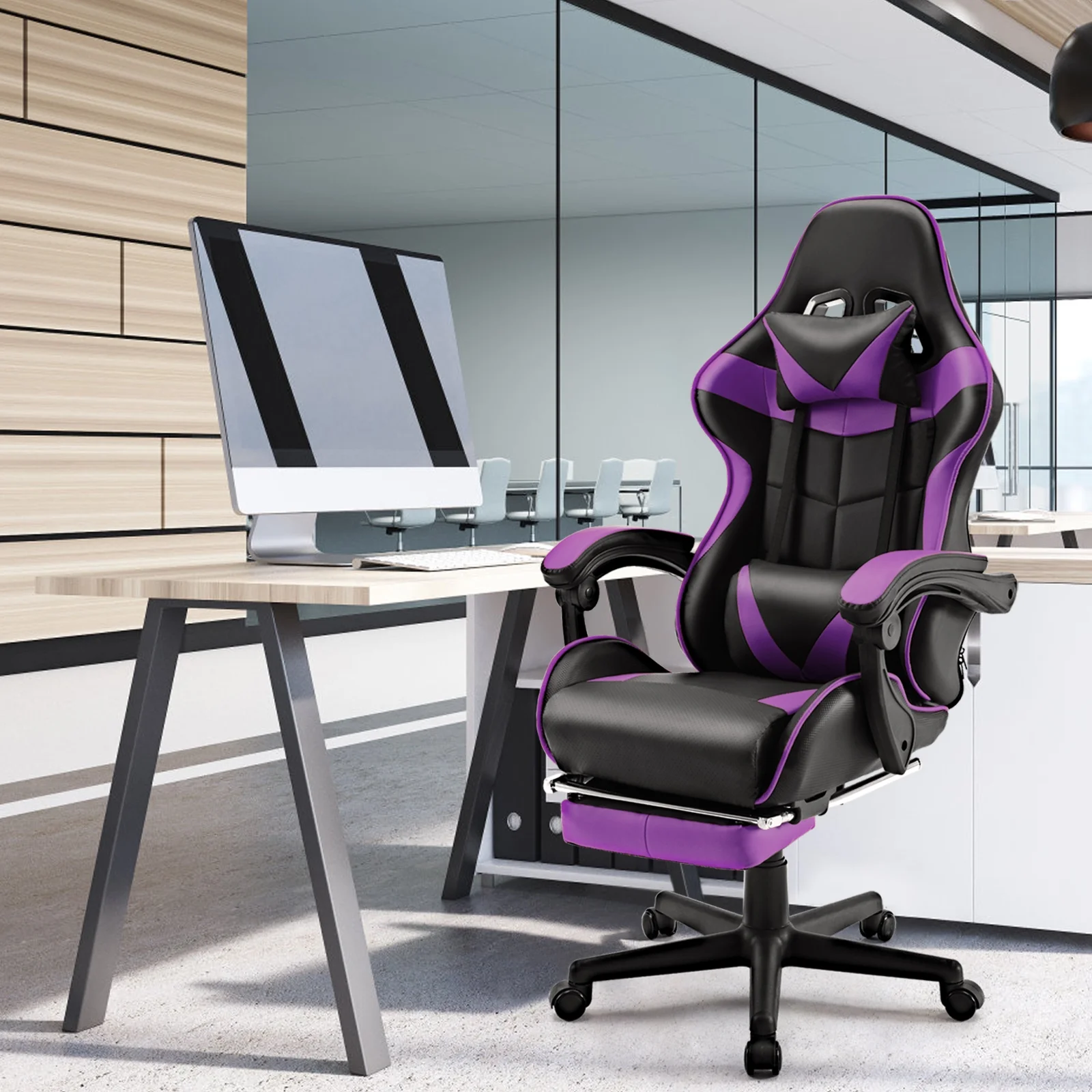 SOONTRANS Green Gaming Chair with Footrest, High Back Gamer Chair with Massage Lumbar Pillow, Gamer Computer Desk Chair (Green)