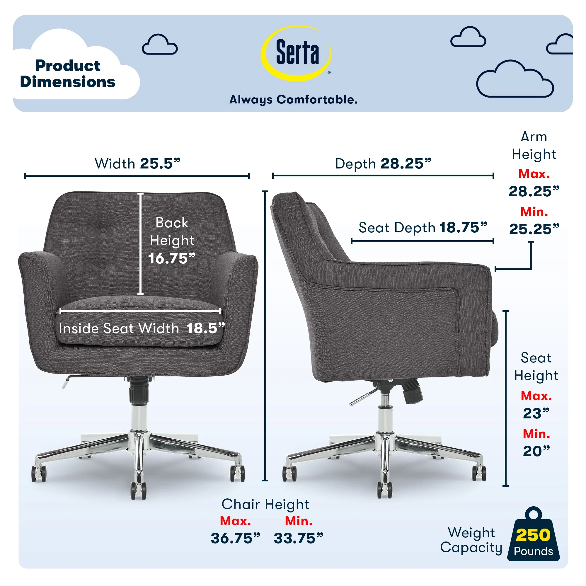 Serta Ashland Office Desk Chair, Button Tufted Mid-Back, Memory Foam Cushion, Chrome Swivel Base, Charcoal