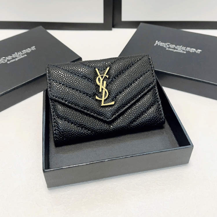 Saint Laurent Envelope Tri-Fold Wallet Black Grain De Poudre 3.5 Inches