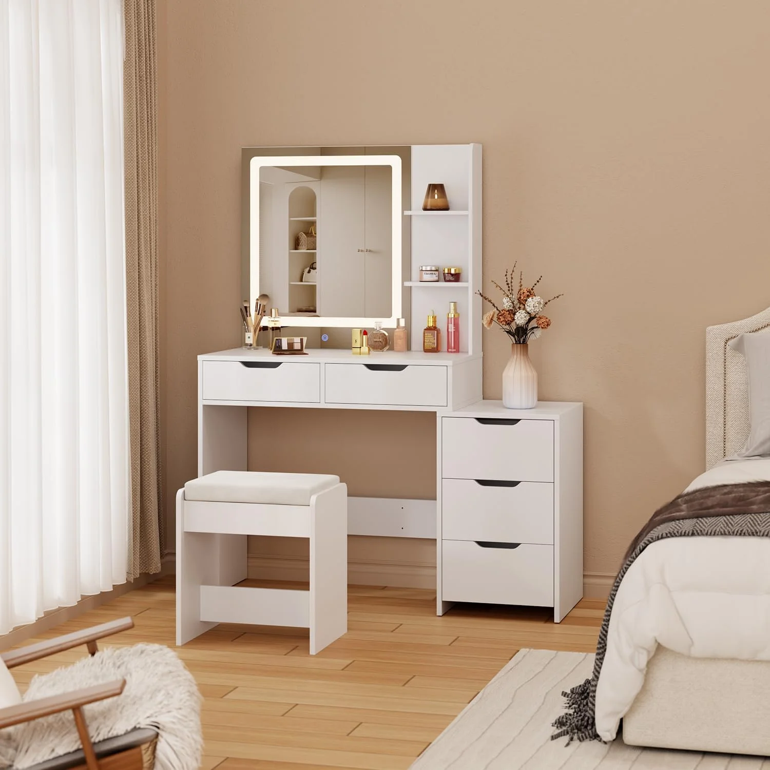 Makeup Vanity Desk with Mirror and Lights, 43.5�� Vanity Table with 5 Drawers & Storage Shelves, White