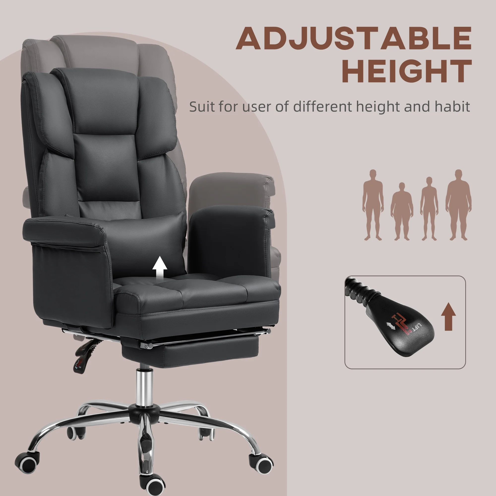 HOMCOM Executive Office Chair with Footrest and Lumbar Support, PU Leather Office Desk Chair, Ergonomic, Reclining and Swivel Chair, Black