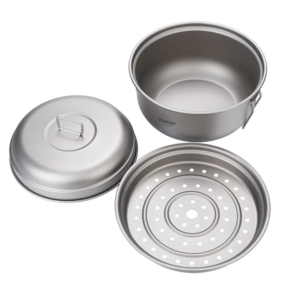 Outdoor Titanium Food Steamer Stock Pot Set Camping Soup Pot Pan Cooking Kit